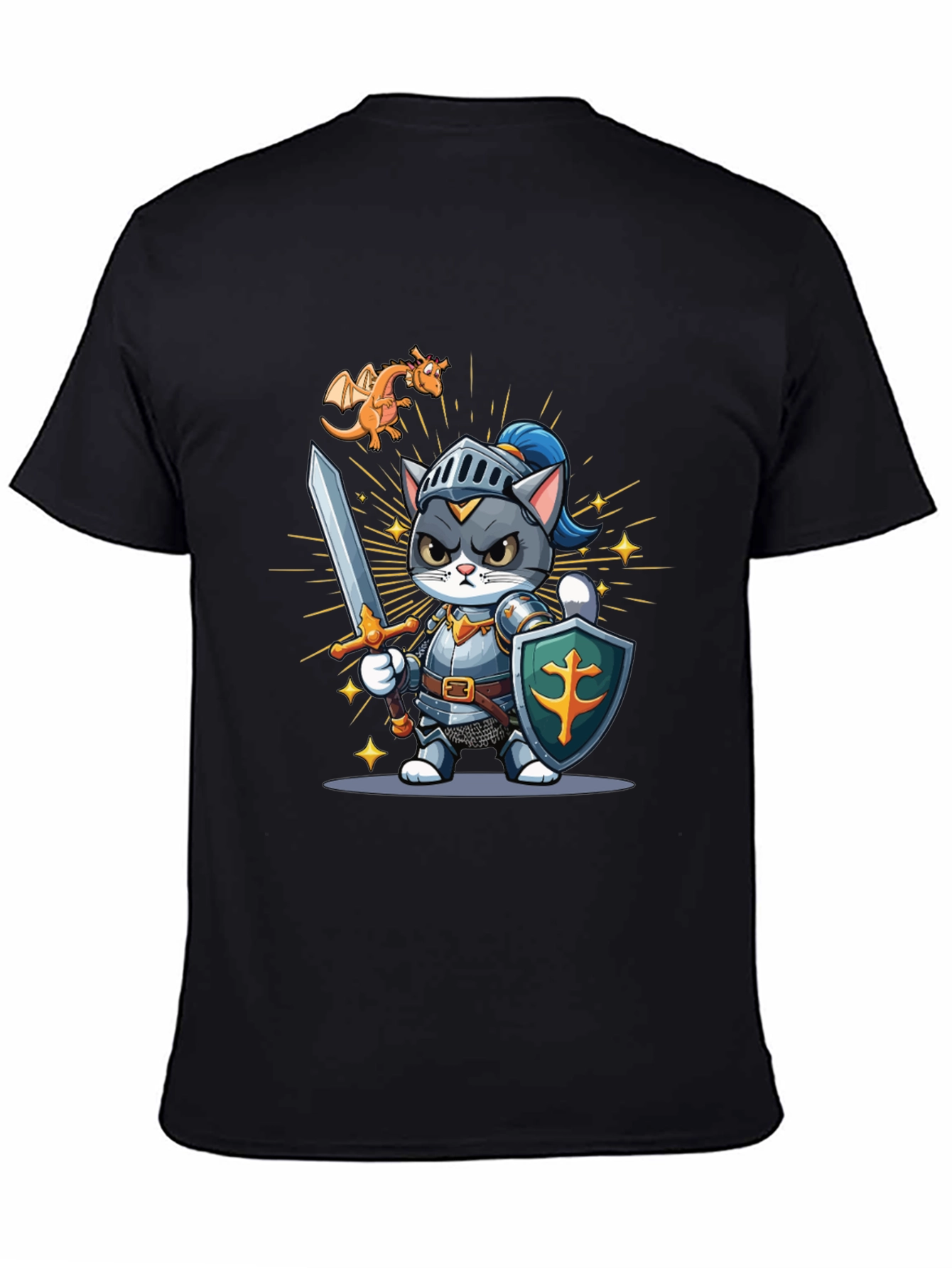 Black Cat Knight T-Shirt: Cartoon Medieval Warrior Tee view 4