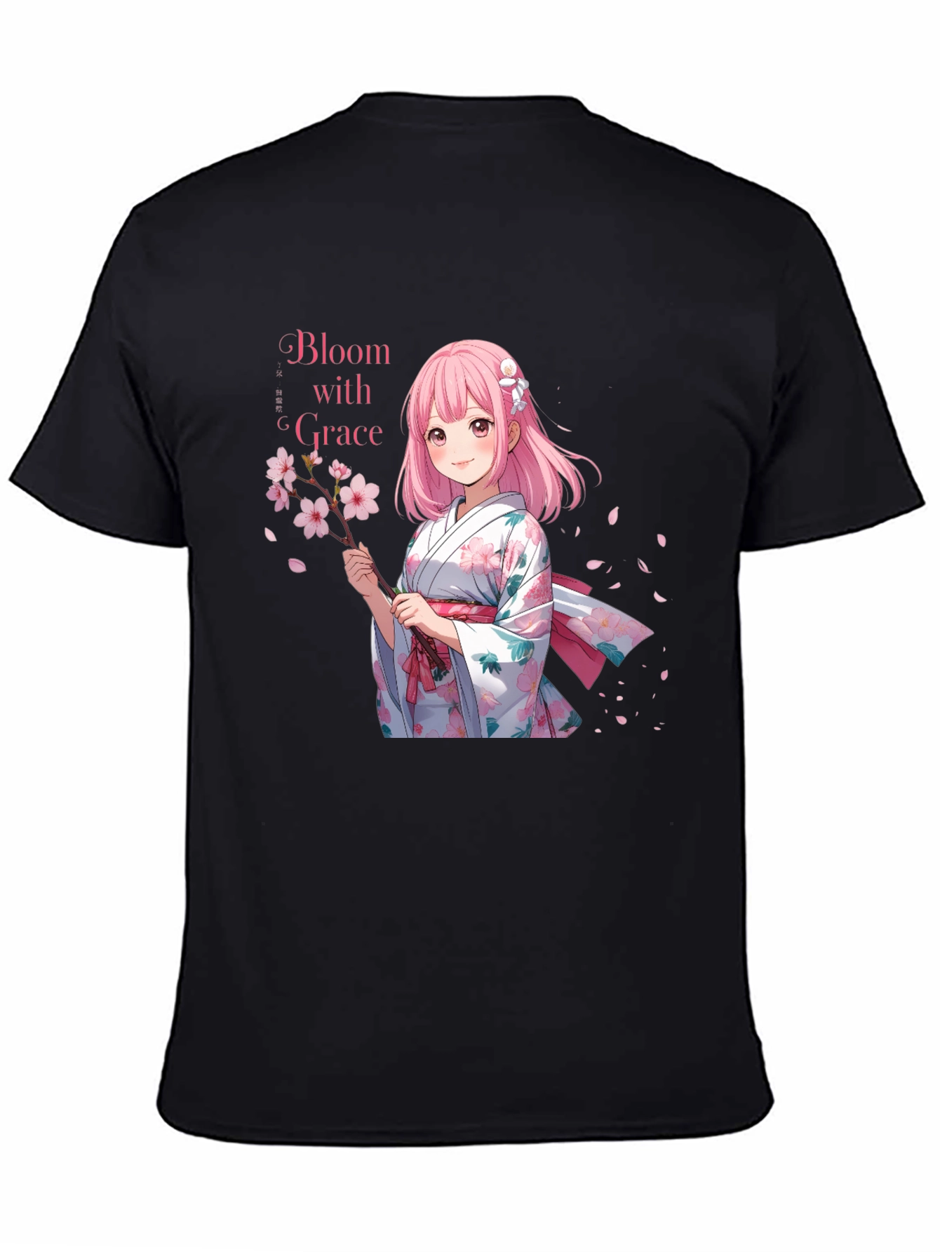 Black Anime Girl Cherry Blossom T-Shirt view 4