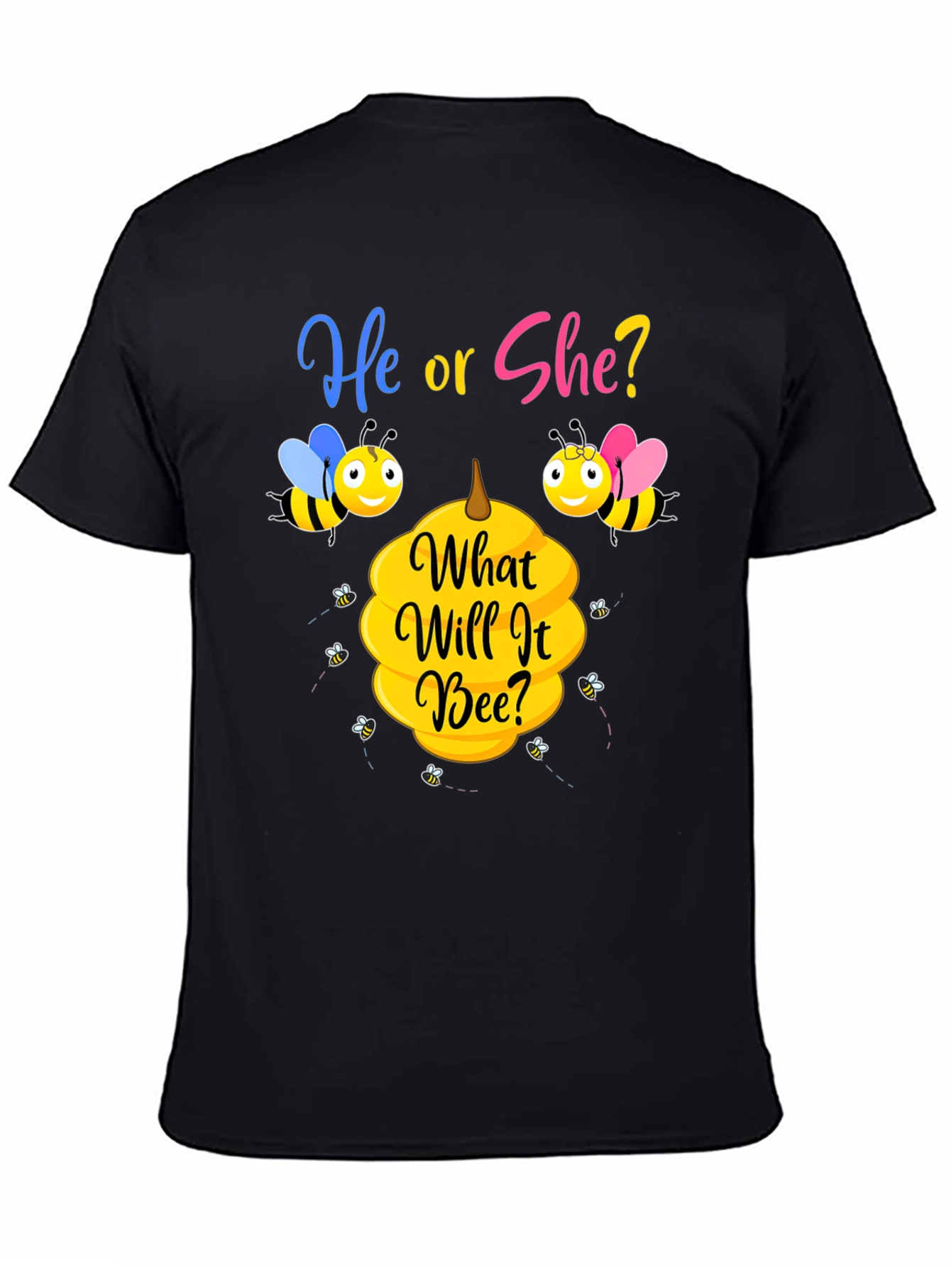 Black He or She Bee Gender Reveal T-Shirt view 4