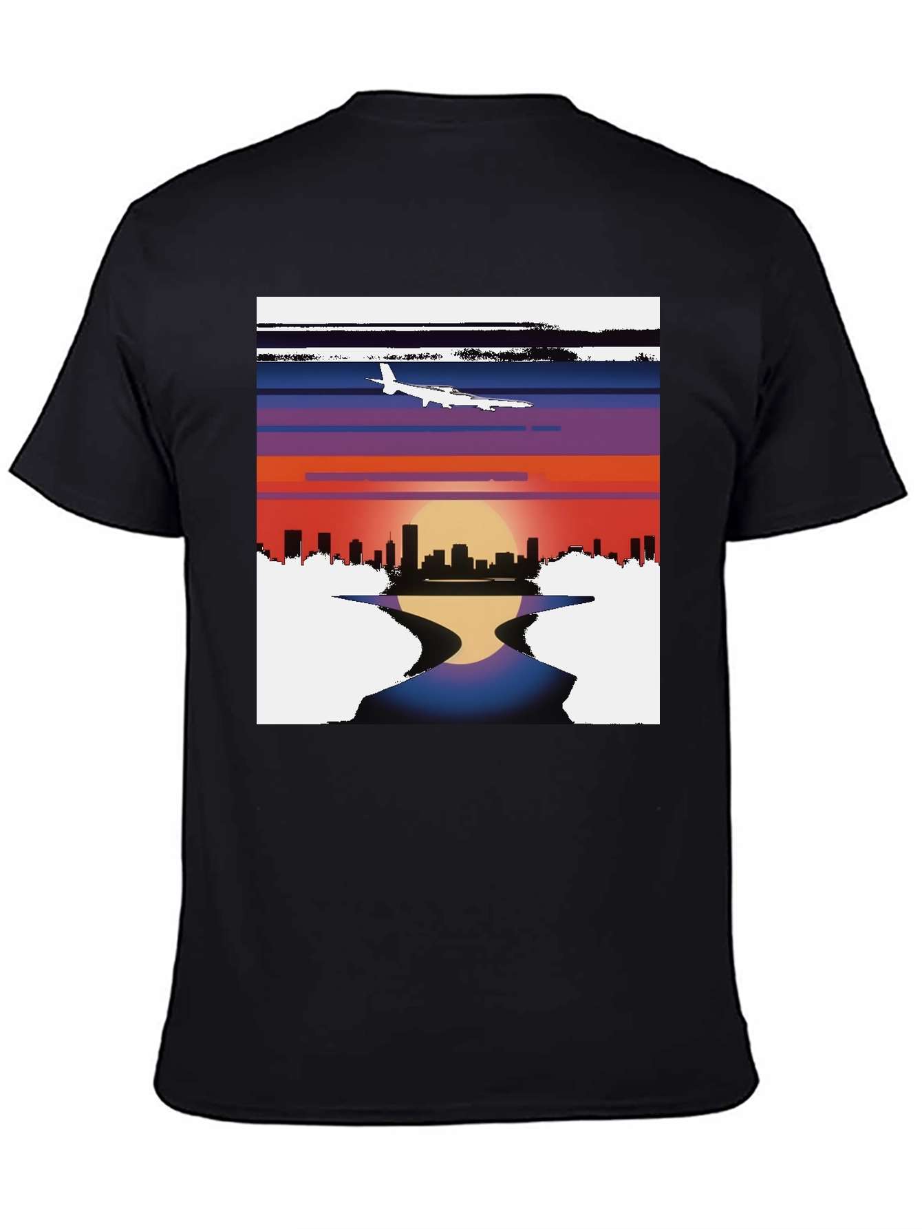 Black Sunset Airplane Cityscape Graphic Tee view 4