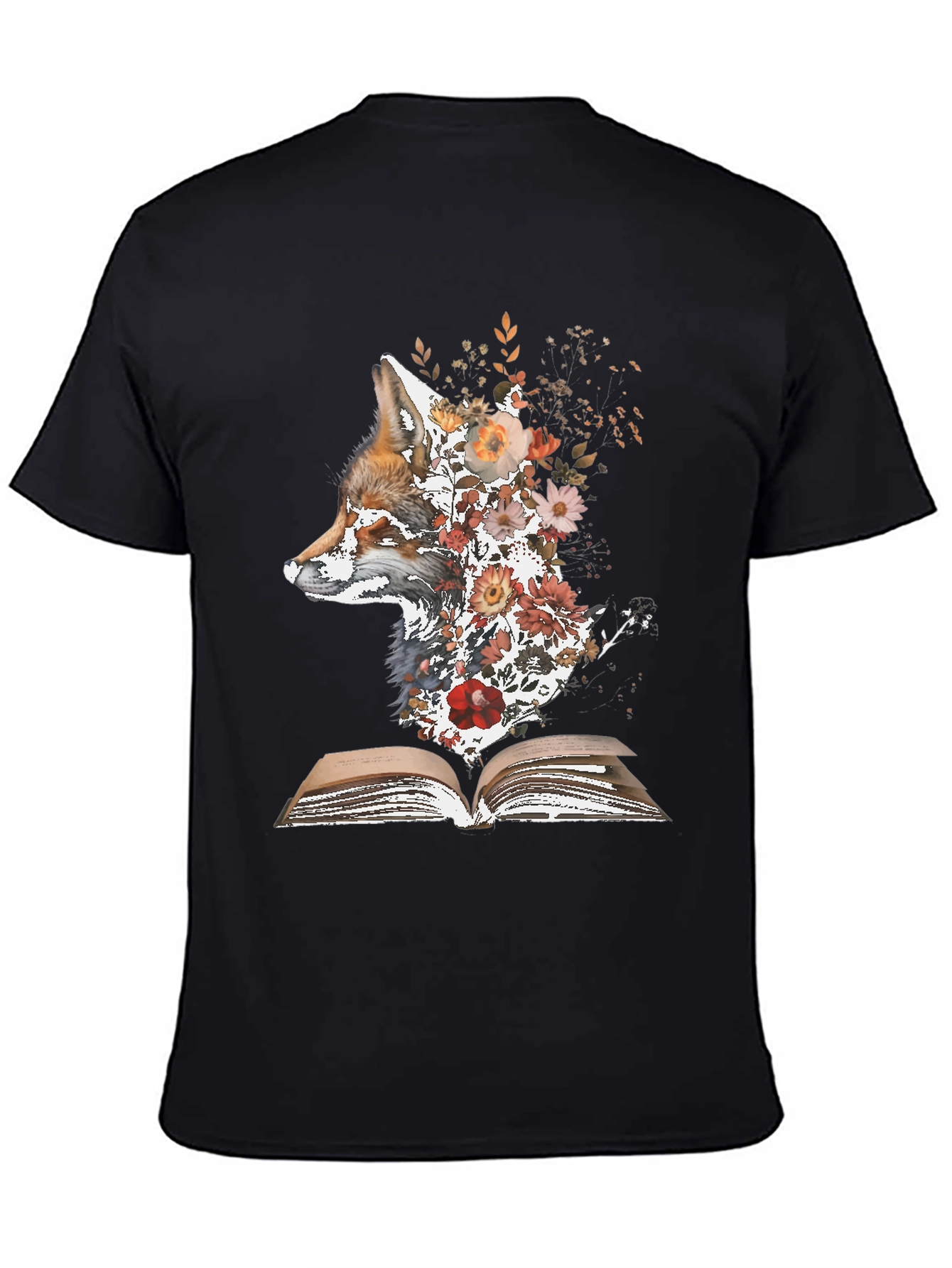 Black Fox & Flowers Book T-Shirt - Unique Nature Graphic Tee view 4
