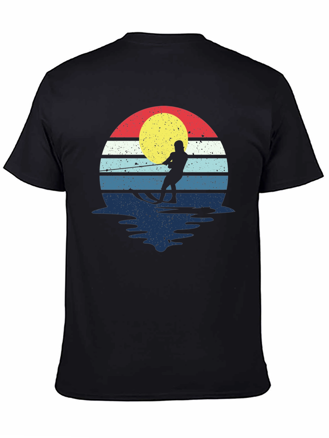 Black Retro Water Skiing T-Shirt - Vintage Sunset Design view 4