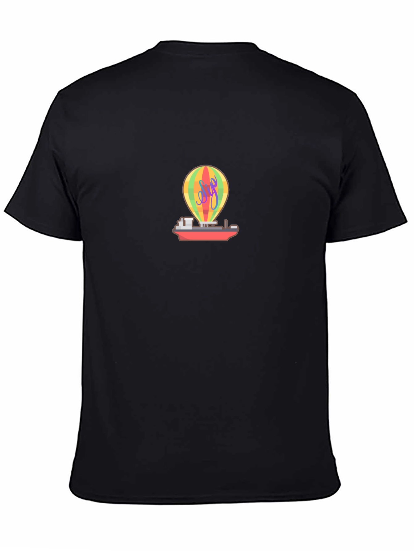 Black Novelty Black T-Shirt with Hot Air Balloon & Boat Graphic view 4