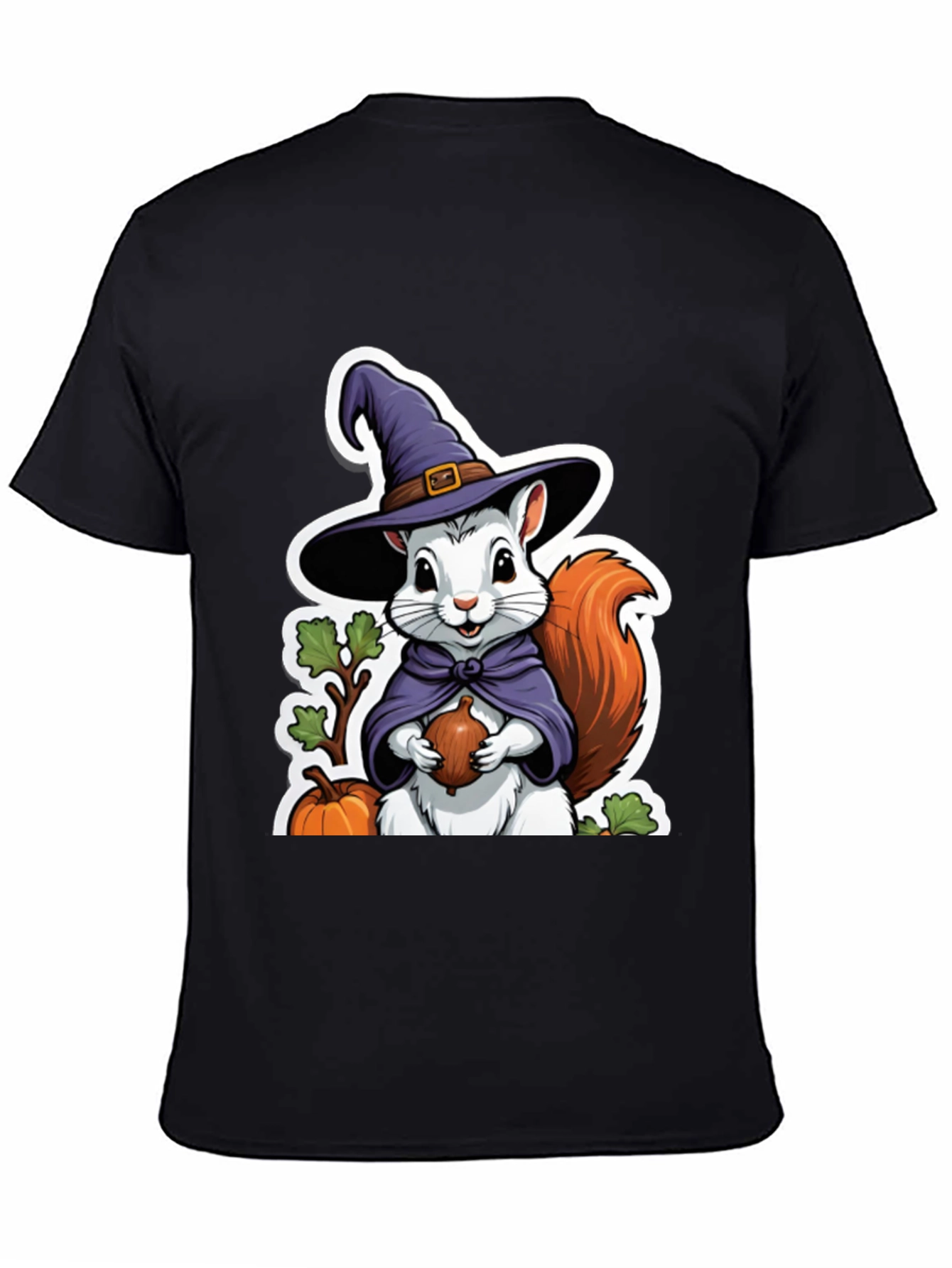 Black Whimsical Squirrel Witch T-Shirt view 4