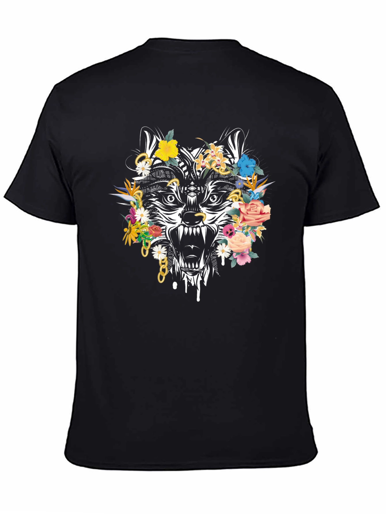 Black Floral Wolf Graphic Tee - Men's Black T-Shirt view 4