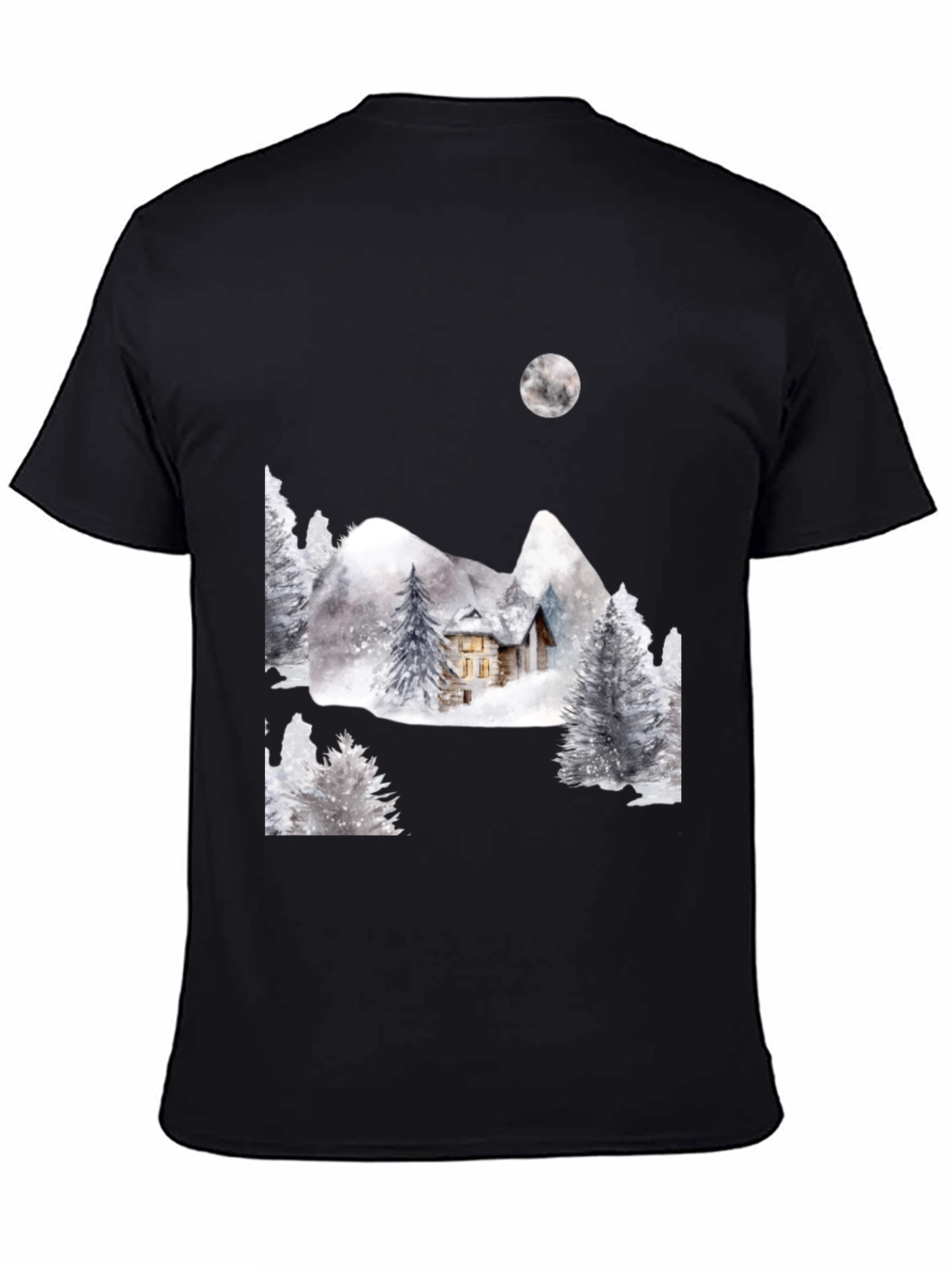 Black Winter Cabin Scene Black T-Shirt view 4