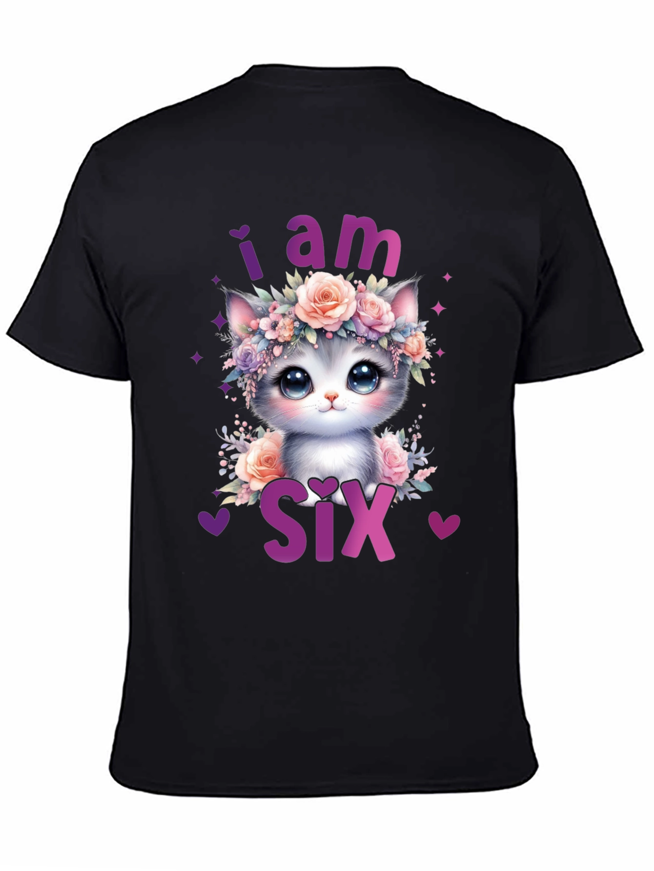Black Cute Cat "I am Six" Birthday T-Shirt view 4