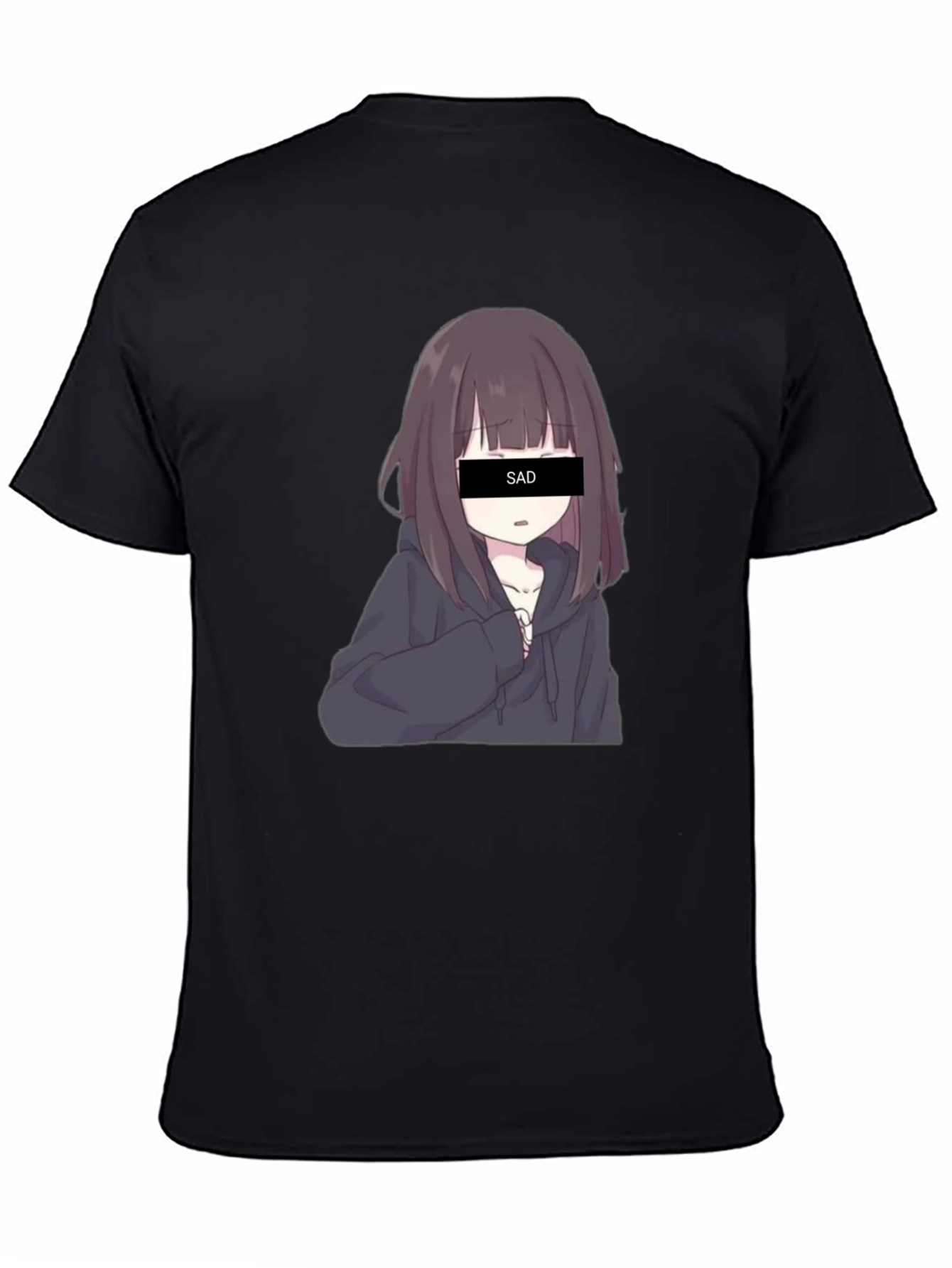Black Anime Sad Girl Graphic Print Black T-Shirt view 4