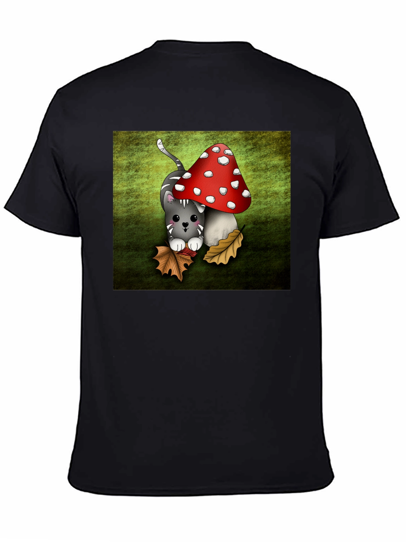 Black Cute Cartoon Cat and Mushroom Graphic T-Shirt view 4