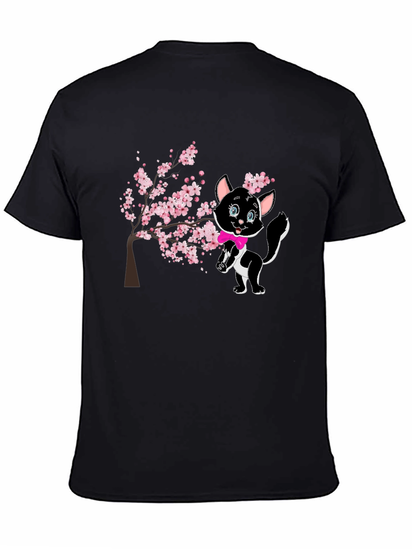 Black Cute Cat & Cherry Blossom Black T-Shirt view 4