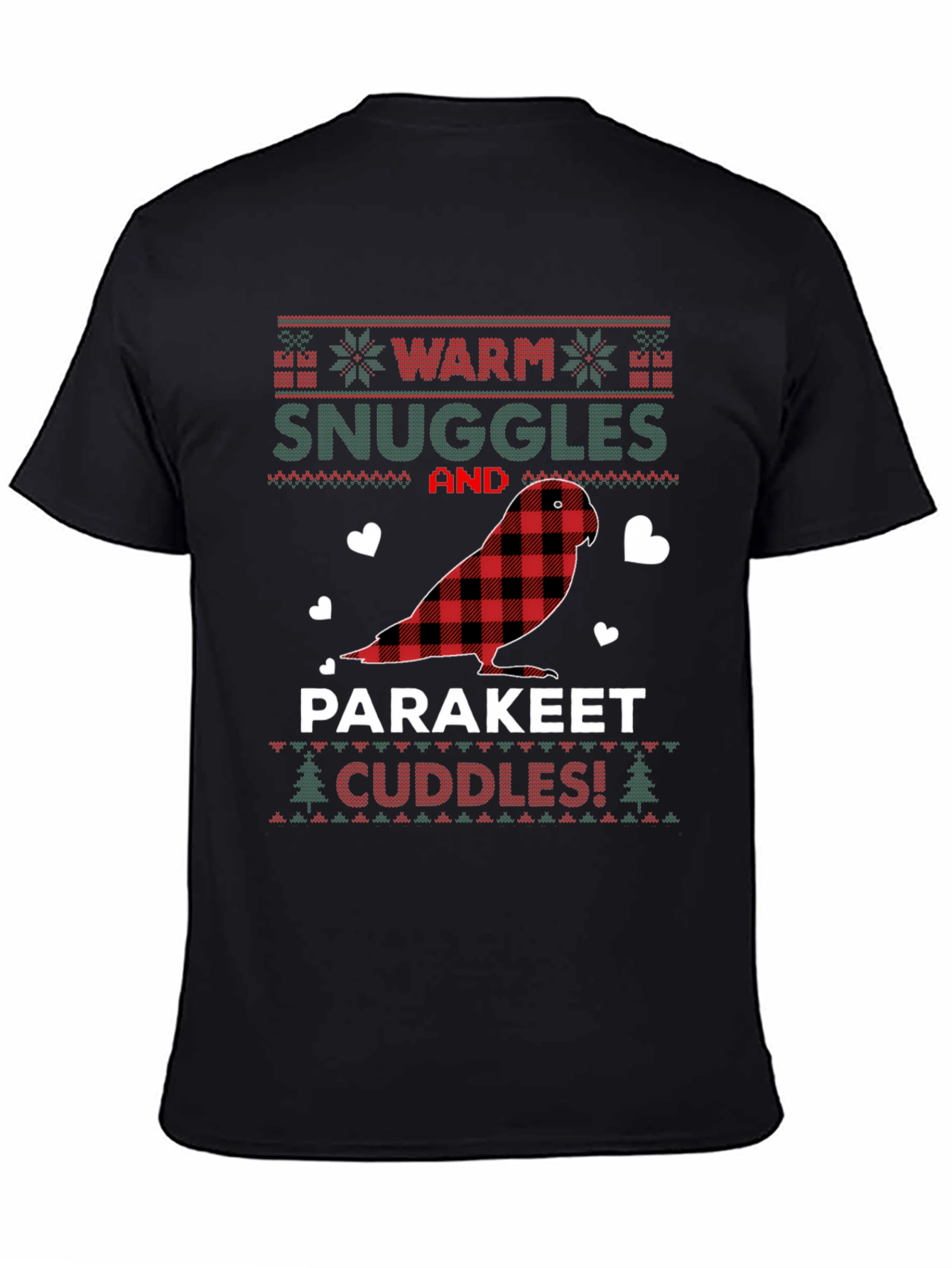 Black Parakeet Cuddles Christmas T-Shirt view 4