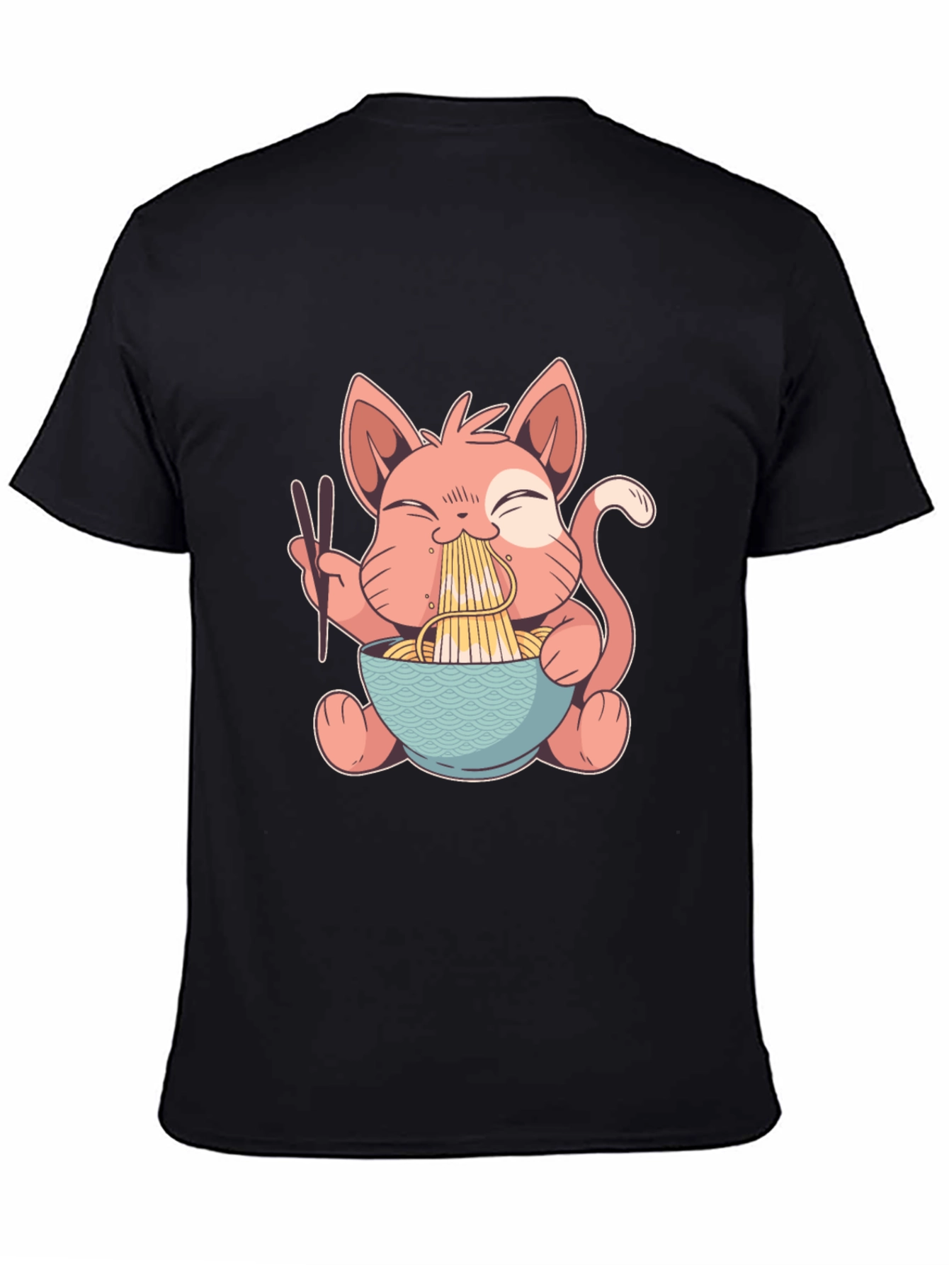 Black Cute Cat Ramen T-Shirt - Black Cotton Tee view 4