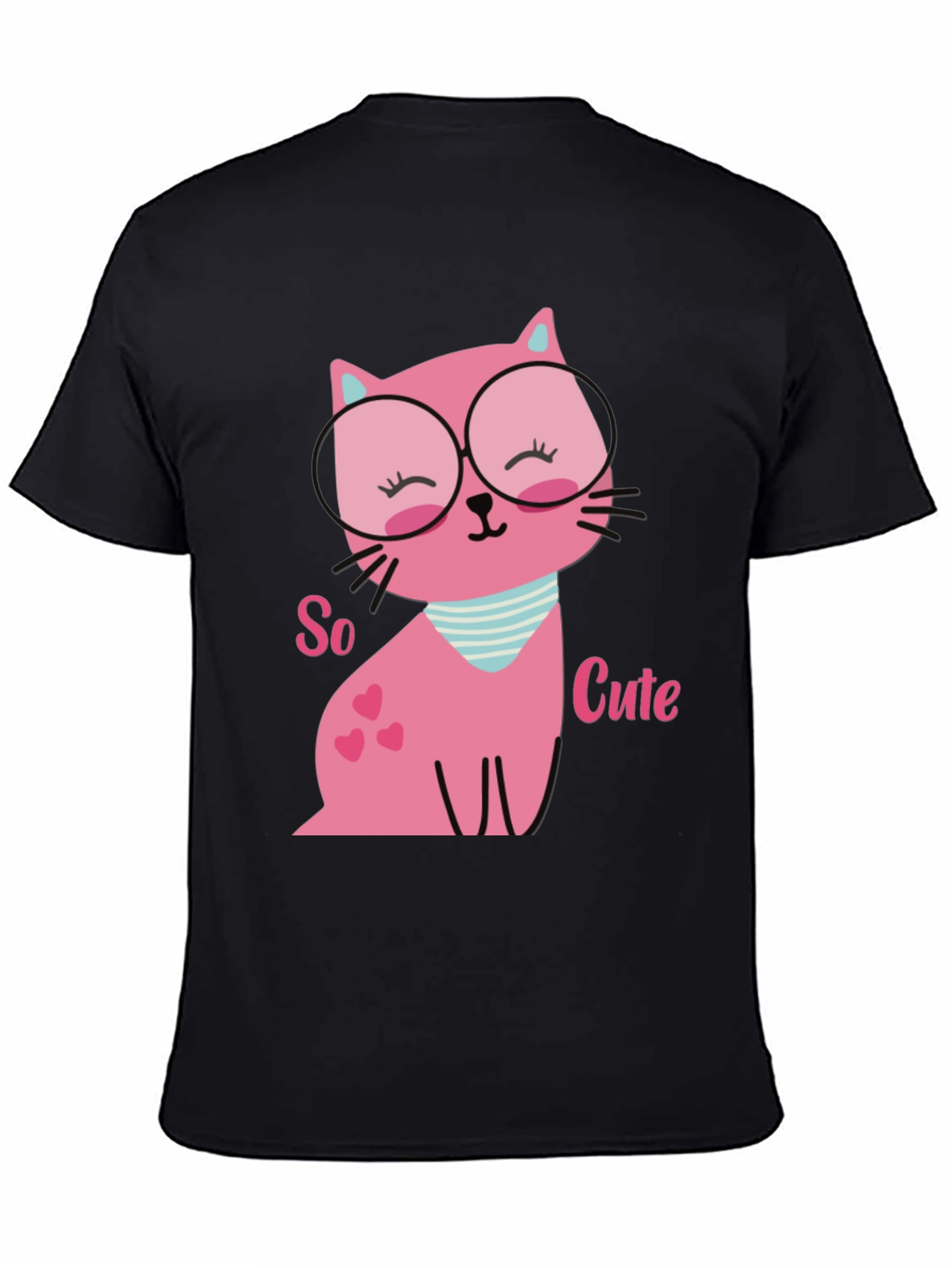 Black Cute Pink Cat T-Shirt view 4