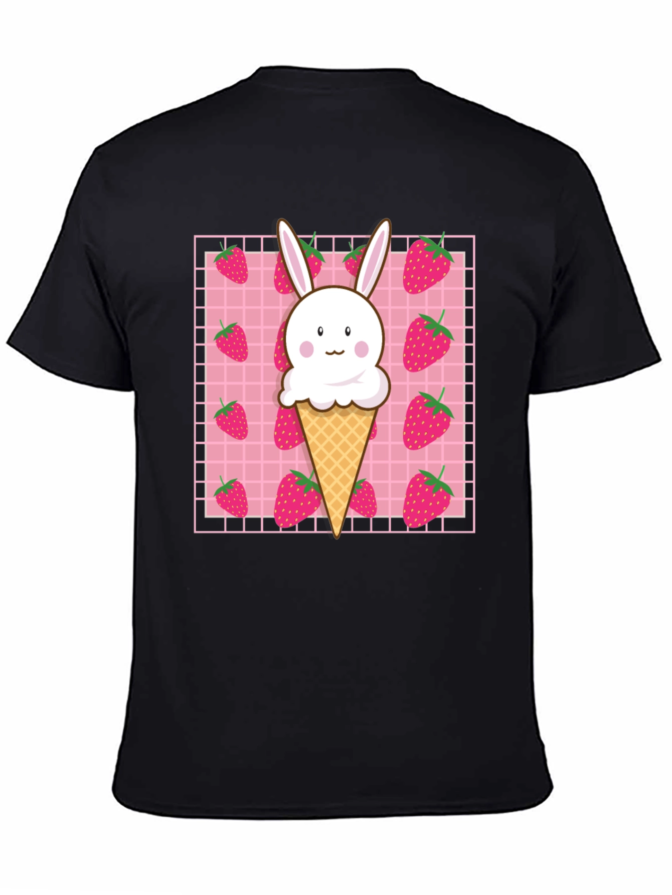 Black Kawaii Strawberry Bunny Ice Cream T-Shirt view 4