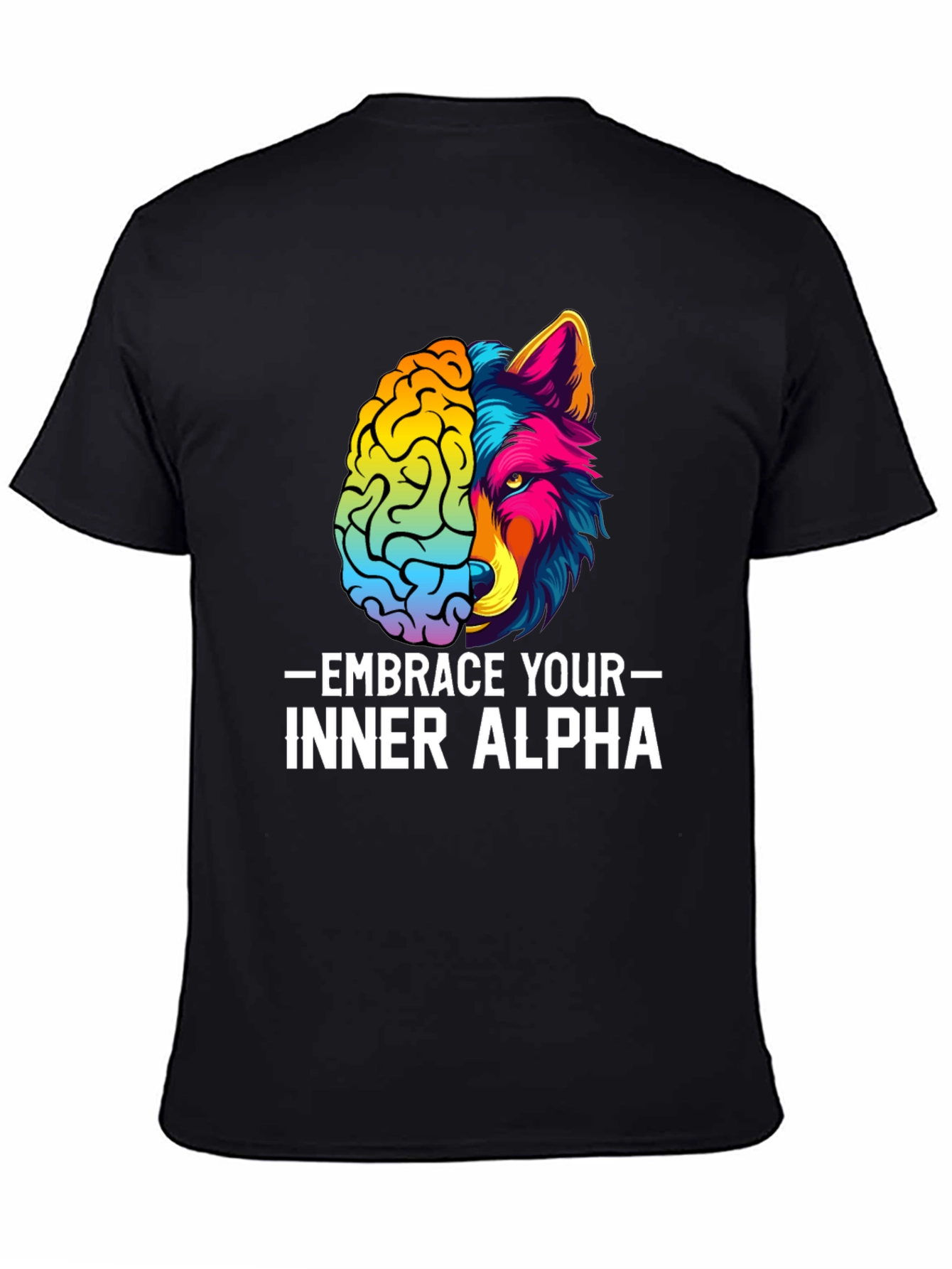 Black Embrace Your Inner Alpha T-Shirt - Brain & Wolf Design view 4