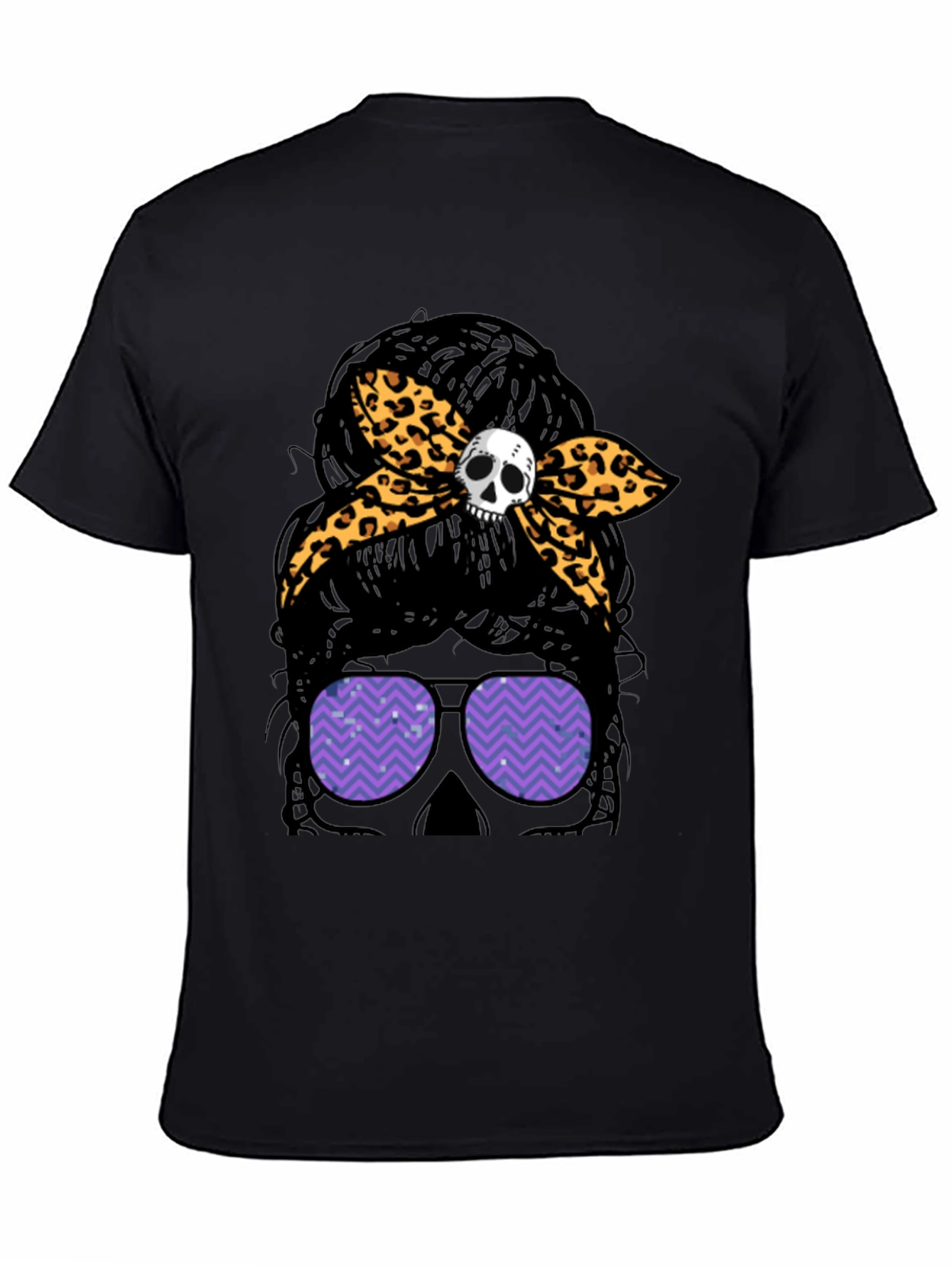 Black Messy Bun Skull Leopard Bow T-Shirt view 4