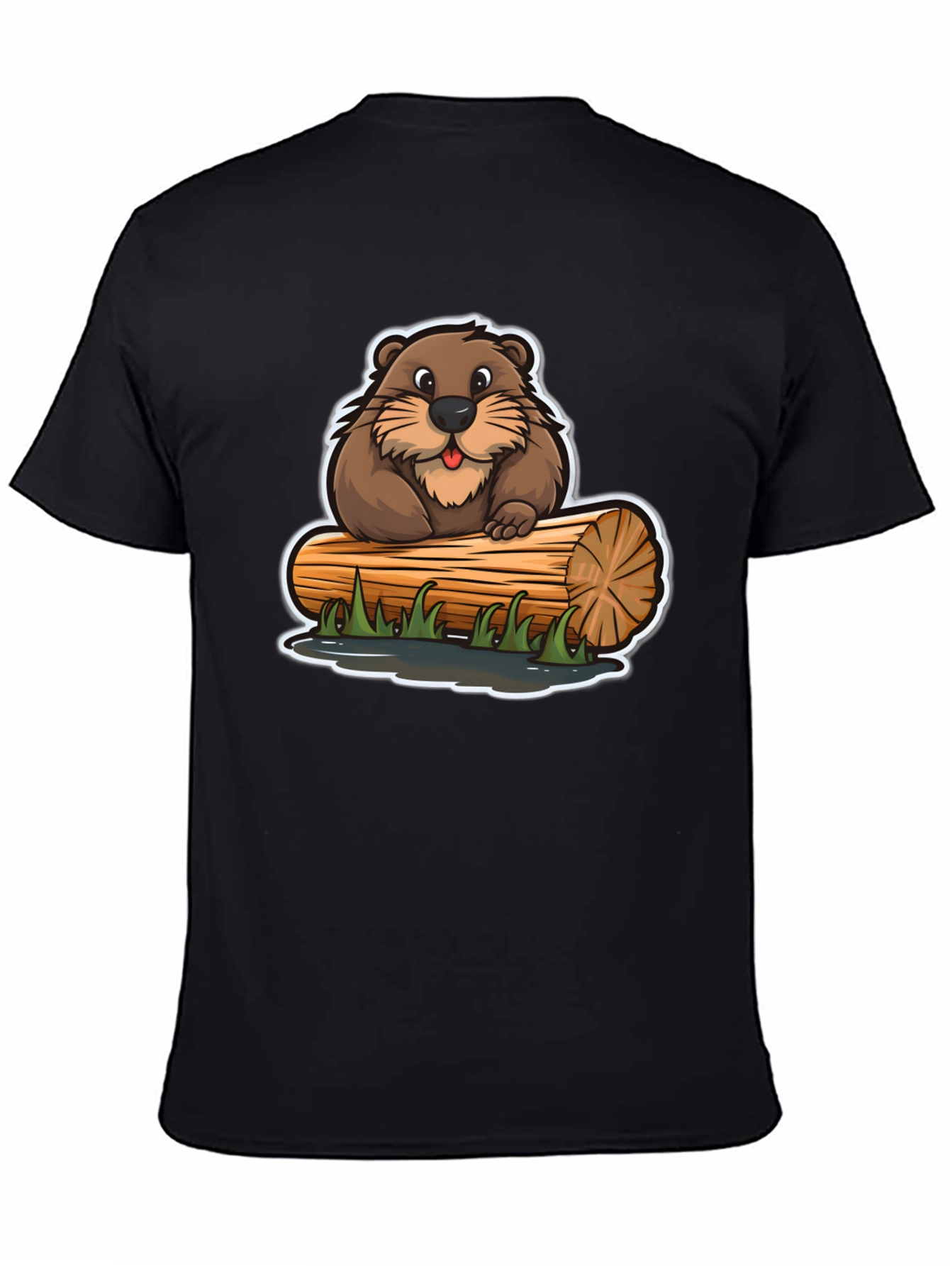 Black Cartoon Beaver on Log T-Shirt view 4