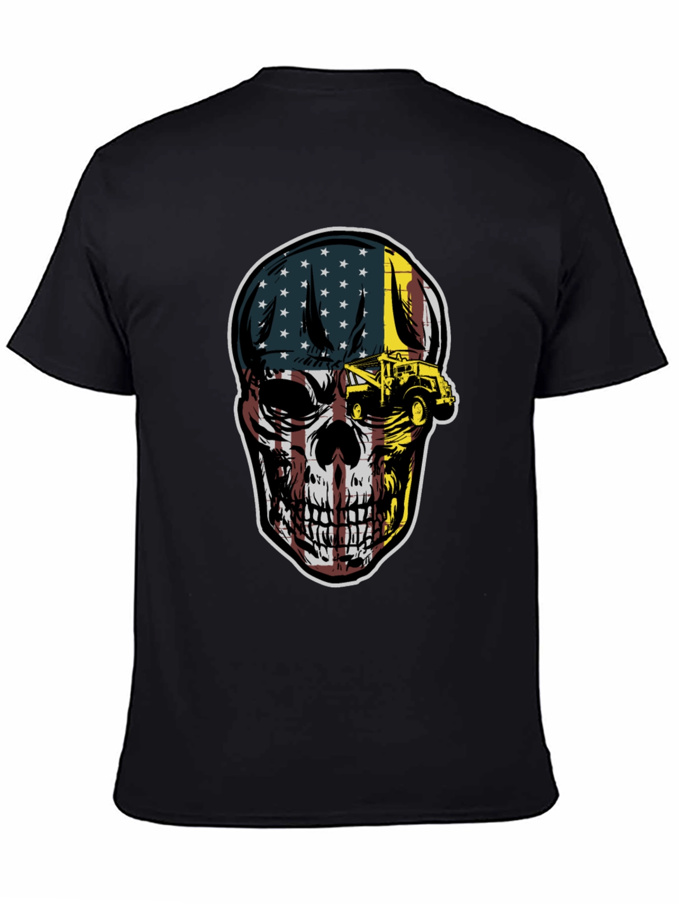 Black American Flag Skull Tow Truck T-Shirt view 4