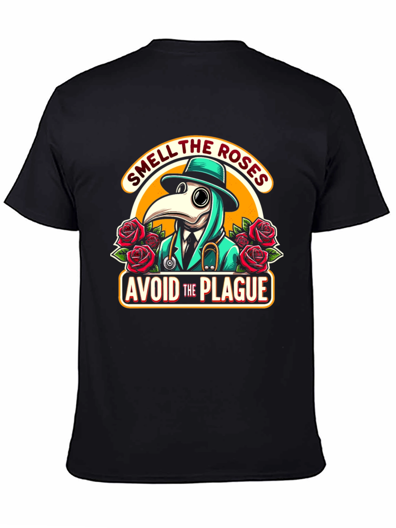 Black Plague Doctor T-Shirt: Smell the Roses, Avoid the Plague view 4