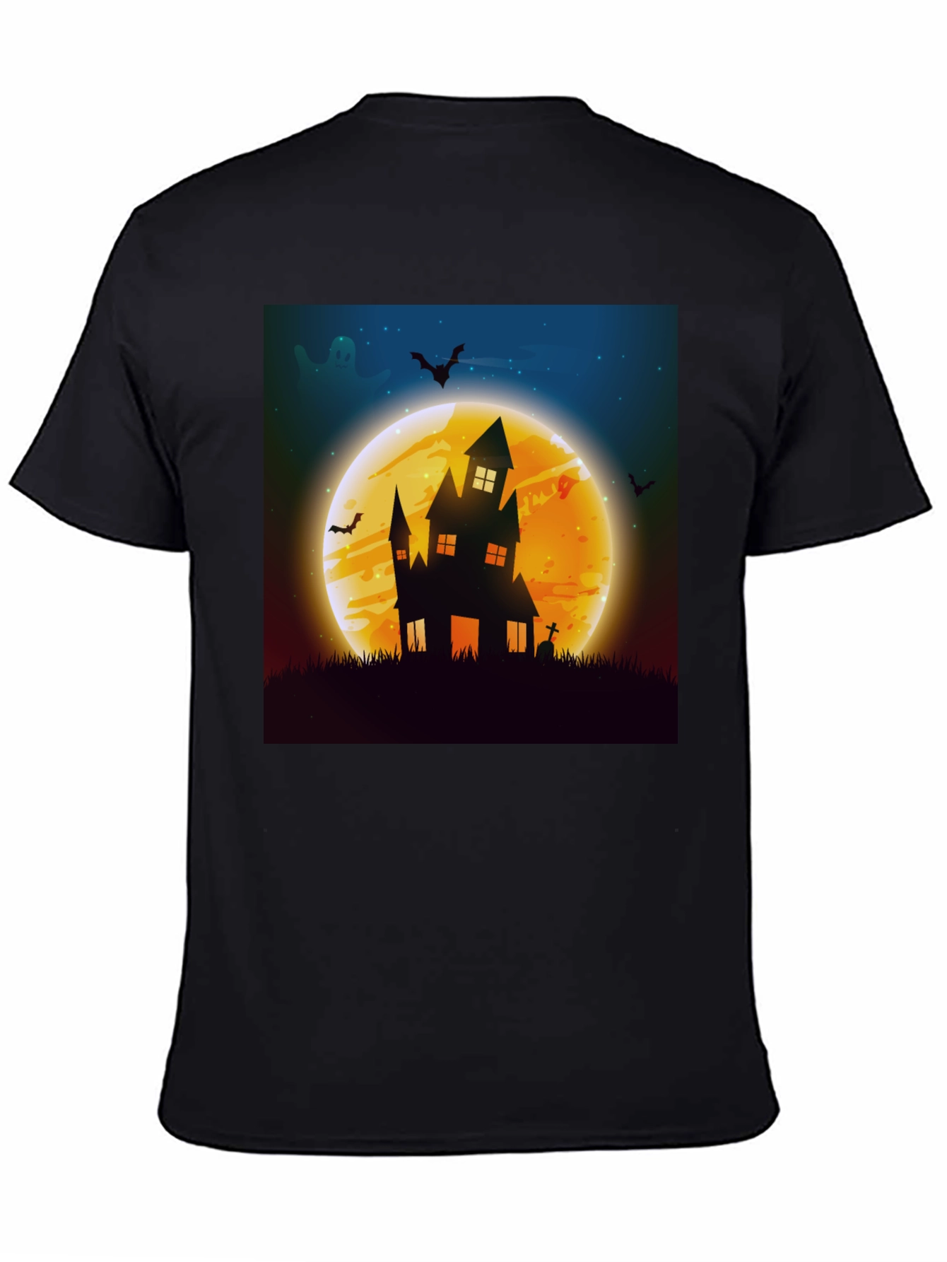 Black Spooky Halloween Haunted House Graphic Tee view 4