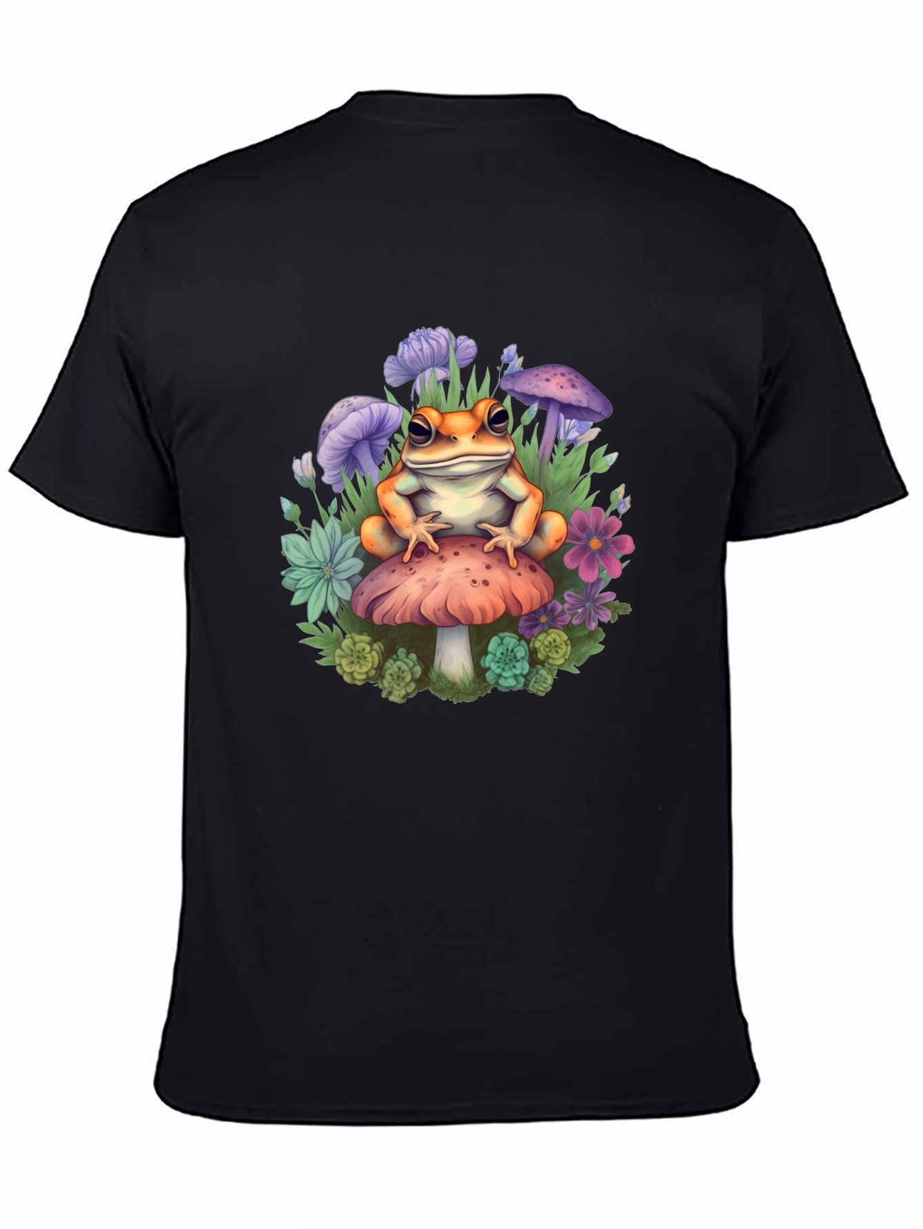 Black Frog on Mushroom Graphic Tee - Whimsical Toadstool Design view 4