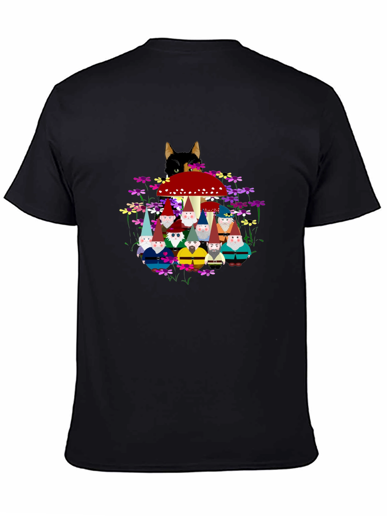 Black Gnome & Cat Graphic Tee - Funky Crew Neck view 4
