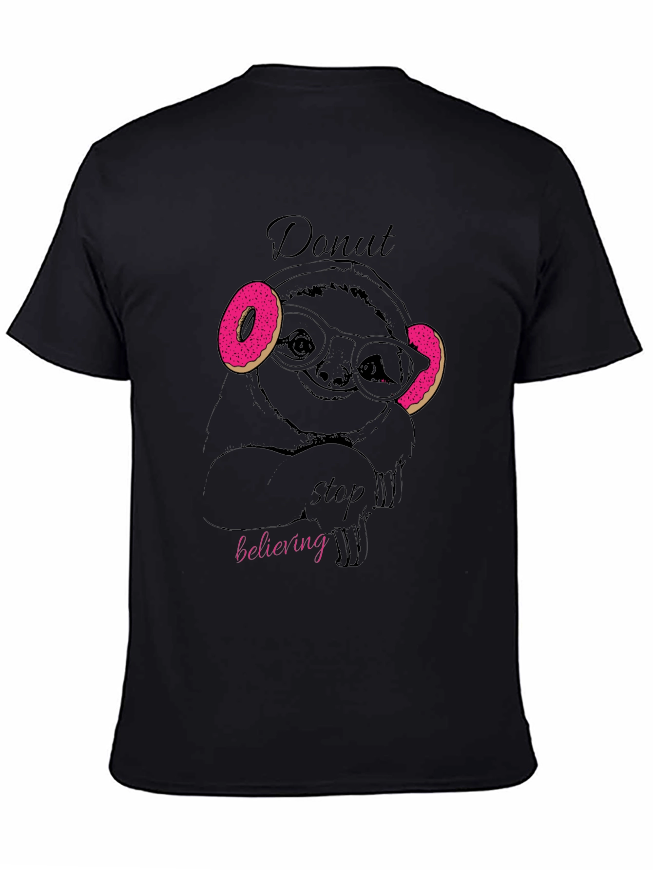 Black Donut Stop Believing Sloth T-Shirt - Funny Graphic Tee view 4