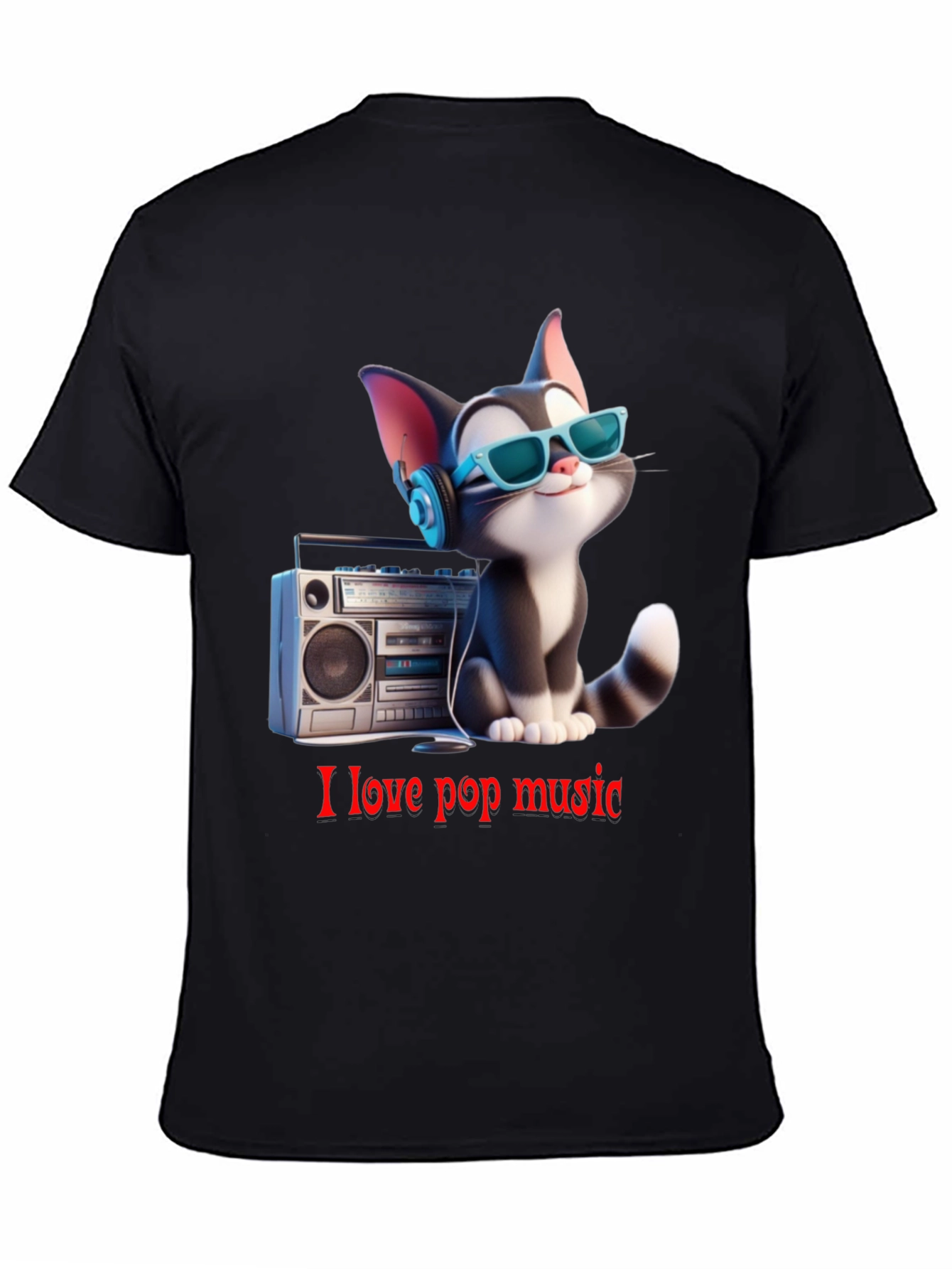 Black Cool Cat Loves Pop Music T-Shirt view 4