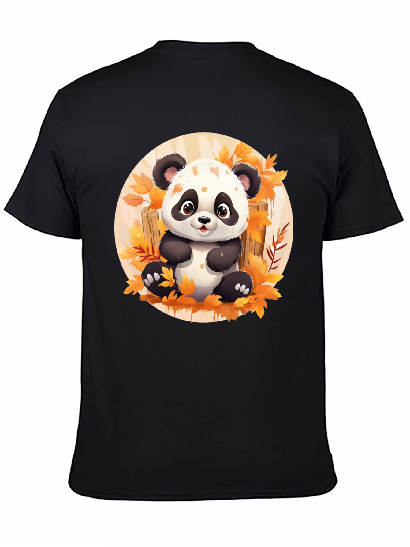 Black Cute Panda T-Shirt - Autumn Leaves Design view 4