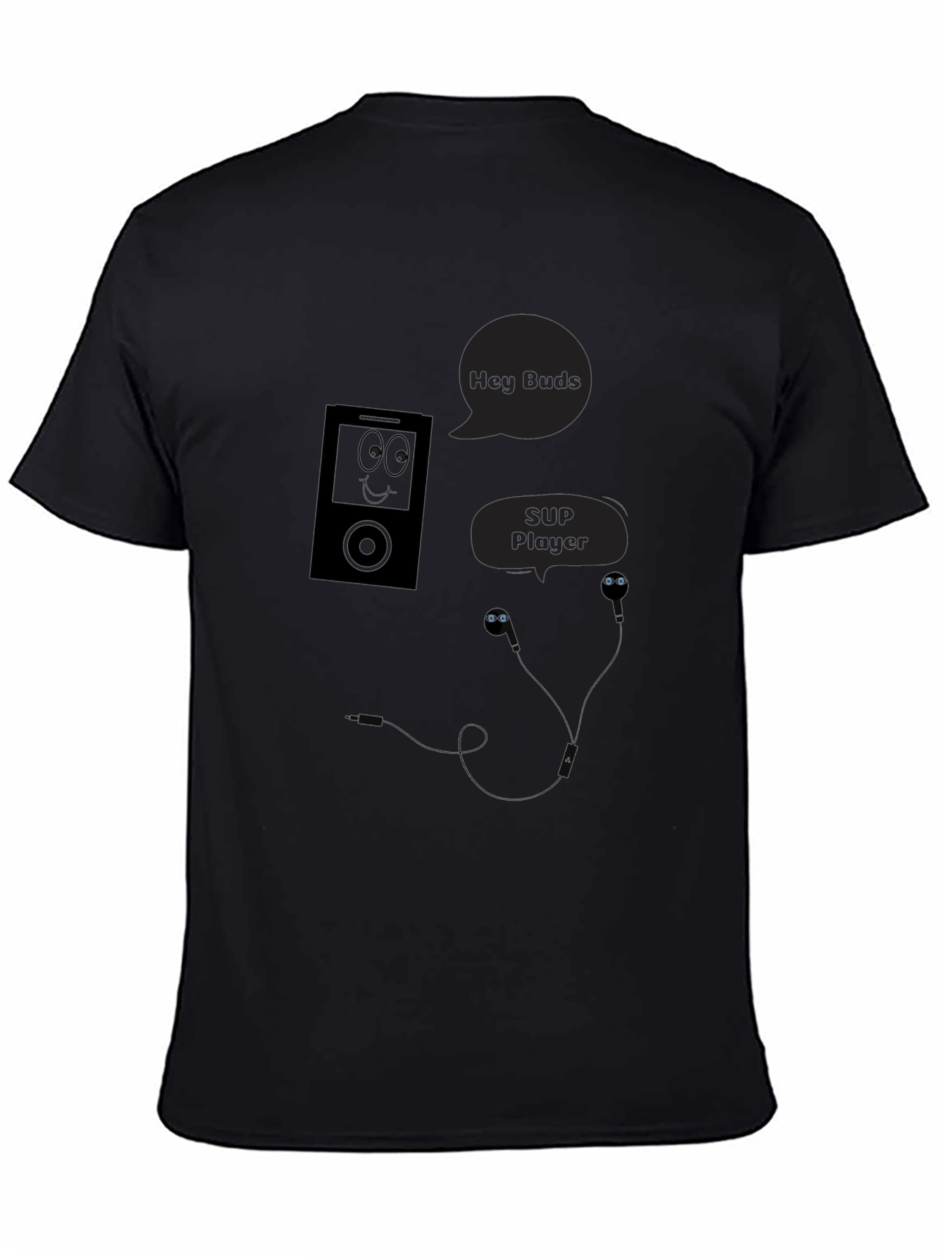 Black Hey Buds! Black Graphic Tee - Music Player Humor view 4