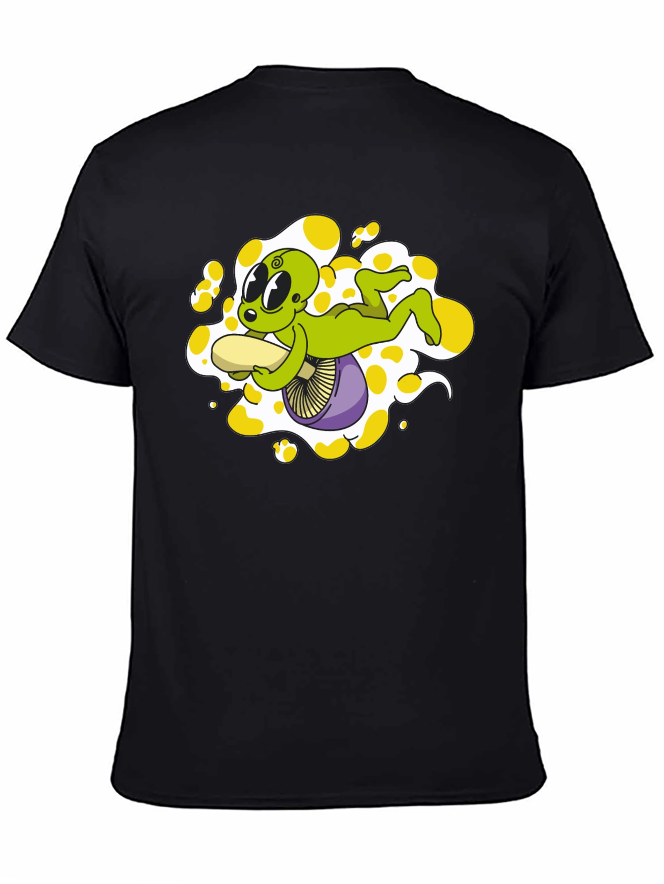 Black Alien Riding Mushroom Graphic Tee - Black Cotton T-Shirt view 4