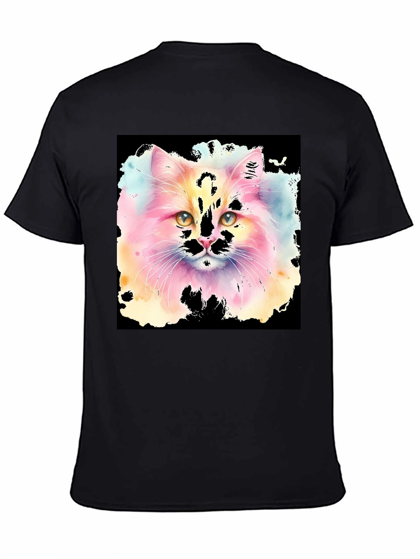Black Watercolor Cat Graphic Tee - Black Cotton T-Shirt view 4