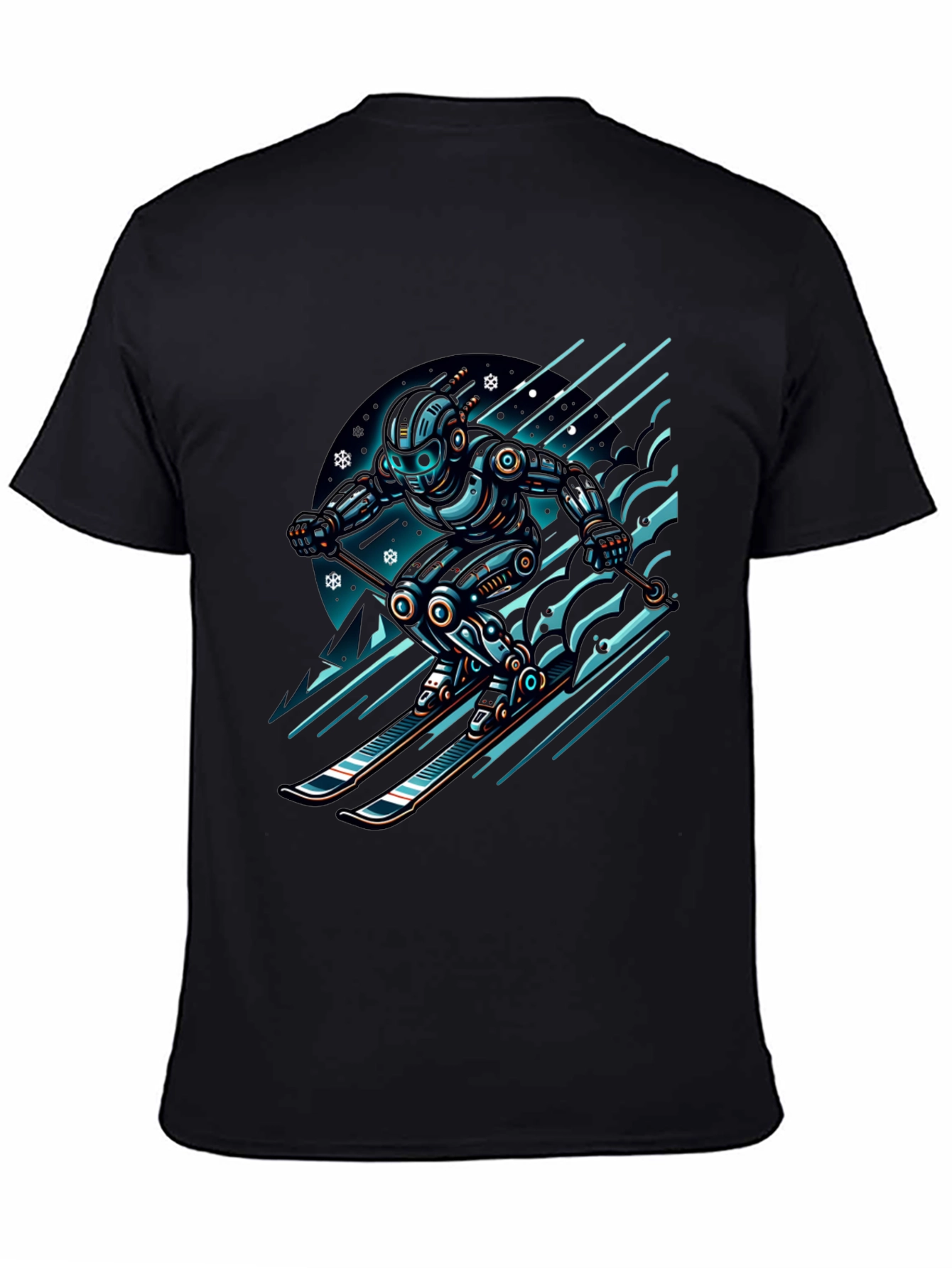 Black Robot Skier Graphic Tee - Black Cotton T-Shirt view 4