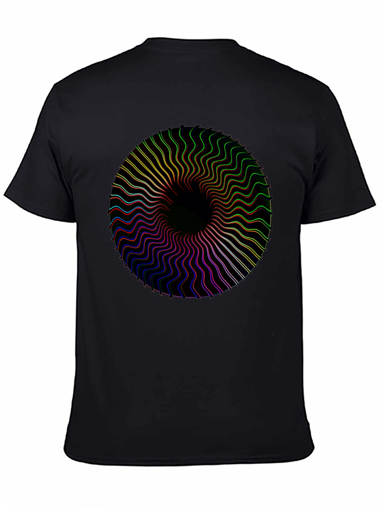 Black Vortex Tee: Black Shirt with Psychedelic Circle Design view 4