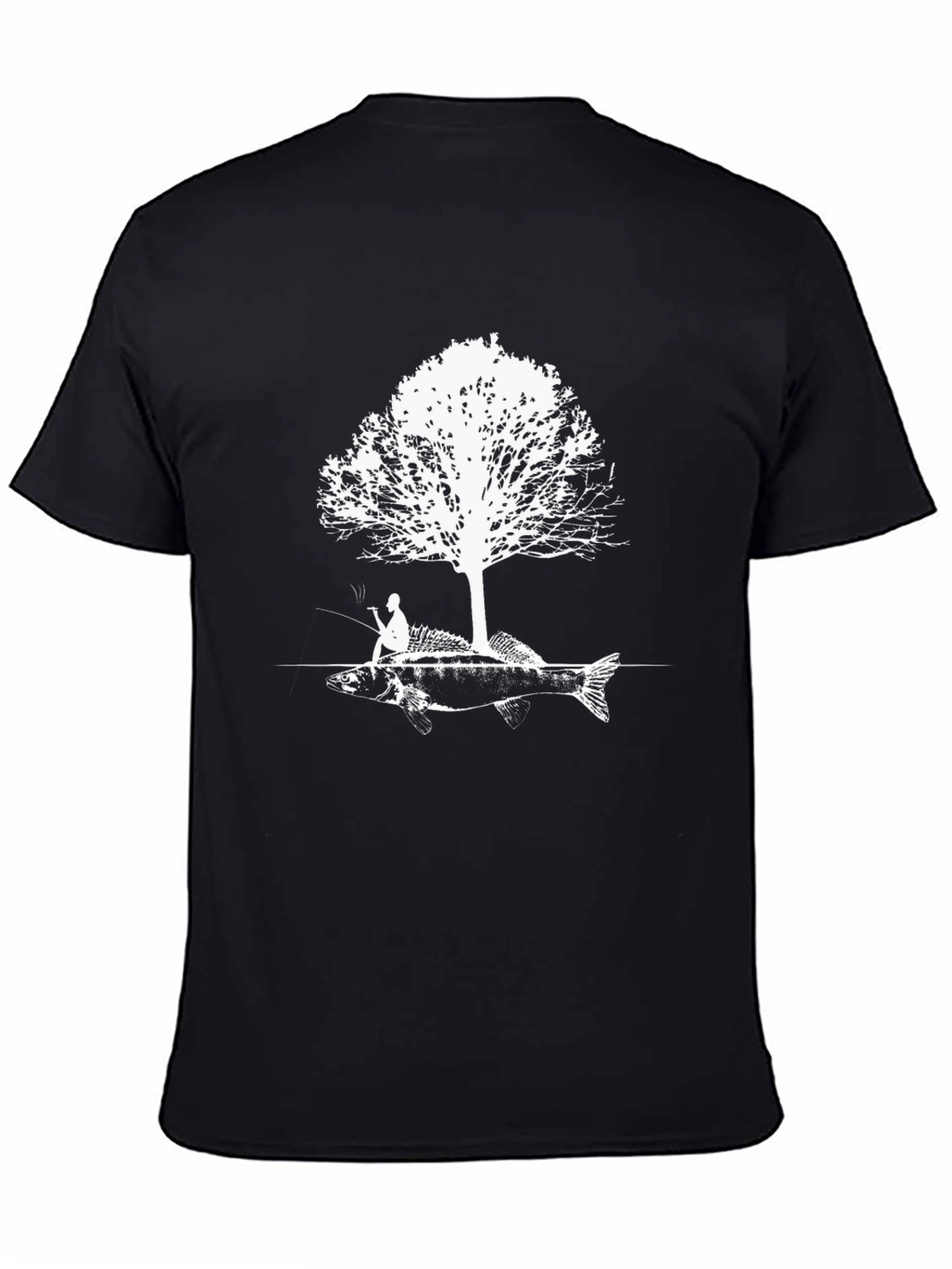 Black Fishing Tee: Fisherman Tree Fish Graphic T-Shirt view 4