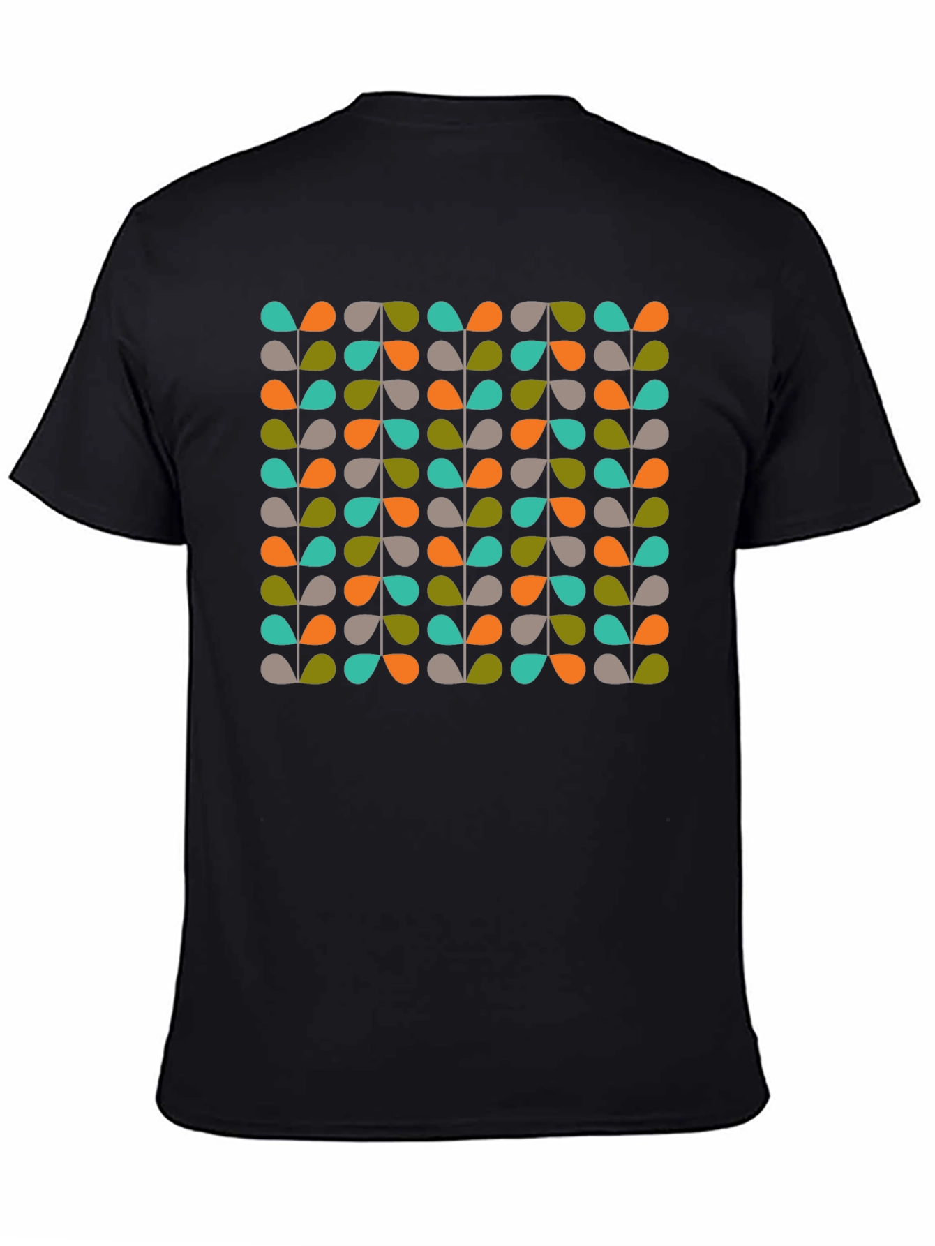 Black Retro Leaves Pattern Black T-Shirt view 4