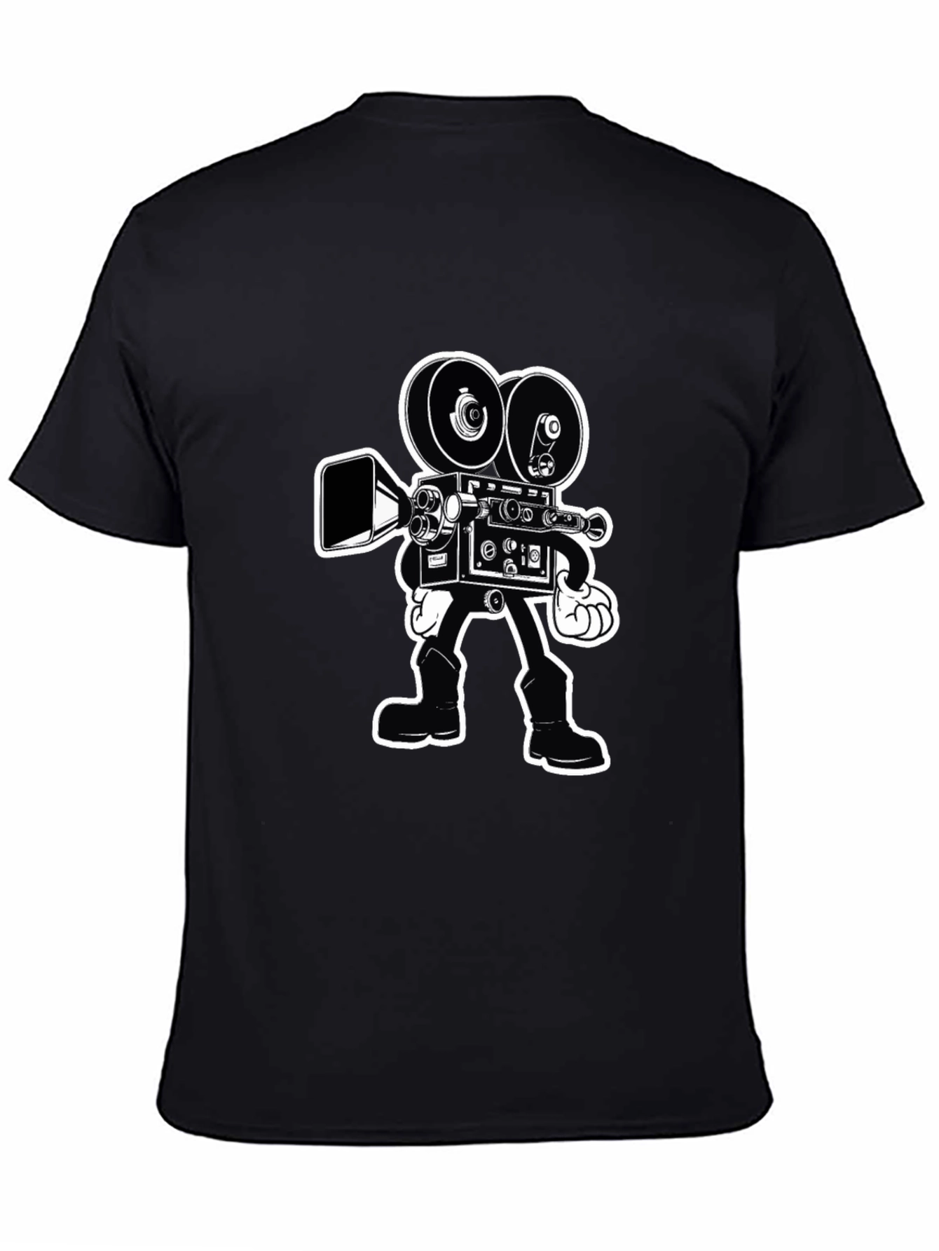 Black Retro Cartoon Movie Camera T-Shirt - Black Cotton Tee view 4