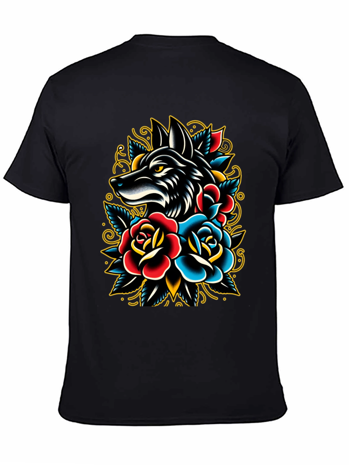 Black Wolf & Roses Graphic Tee - Classic Tattoo Style view 4