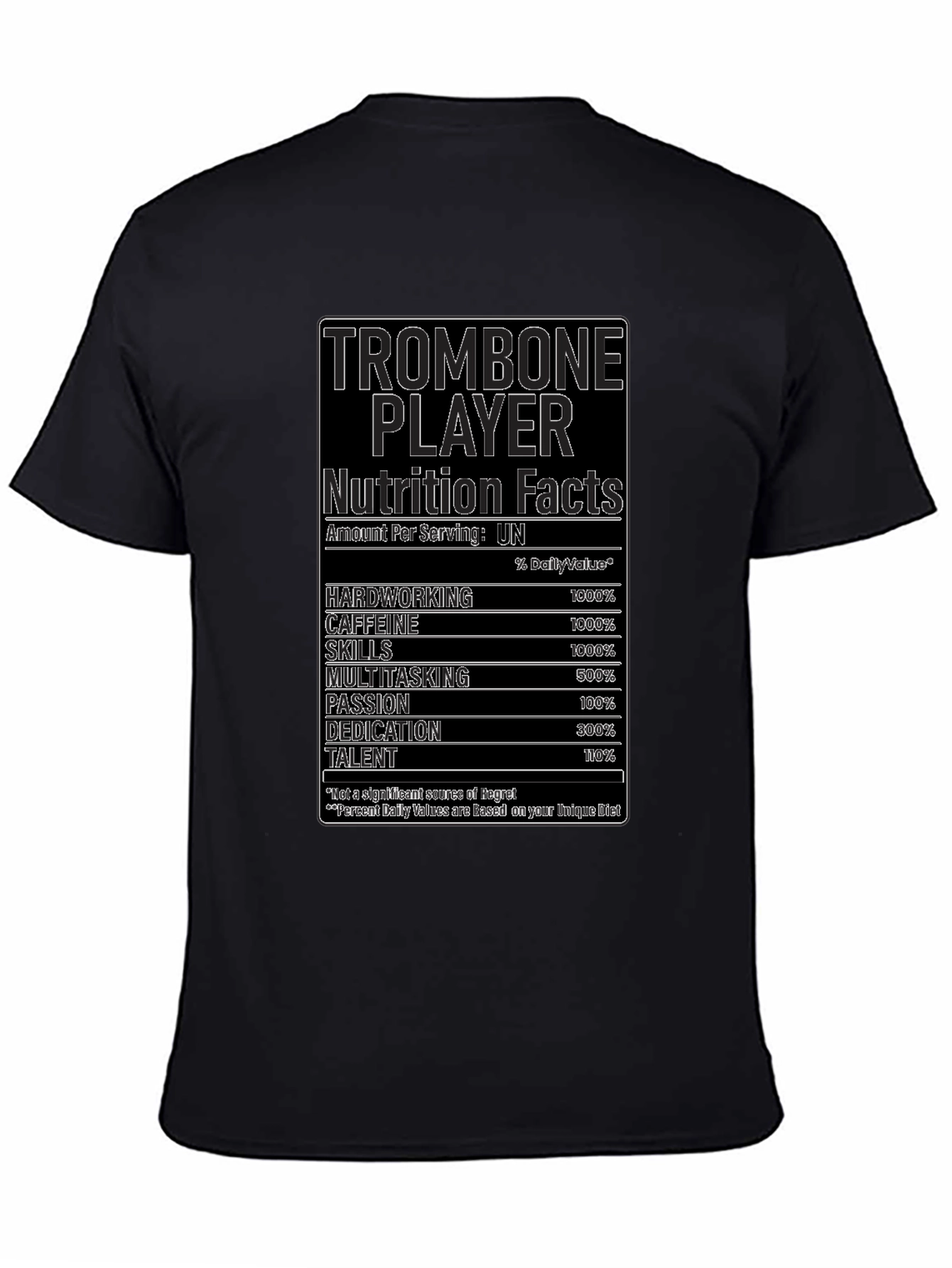 Black Trombone Player Nutrition Facts Black T-Shirt view 4