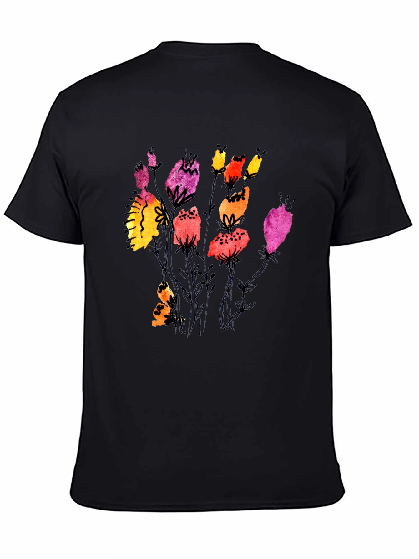 Black Floral Watercolor Print Black T-Shirt view 4