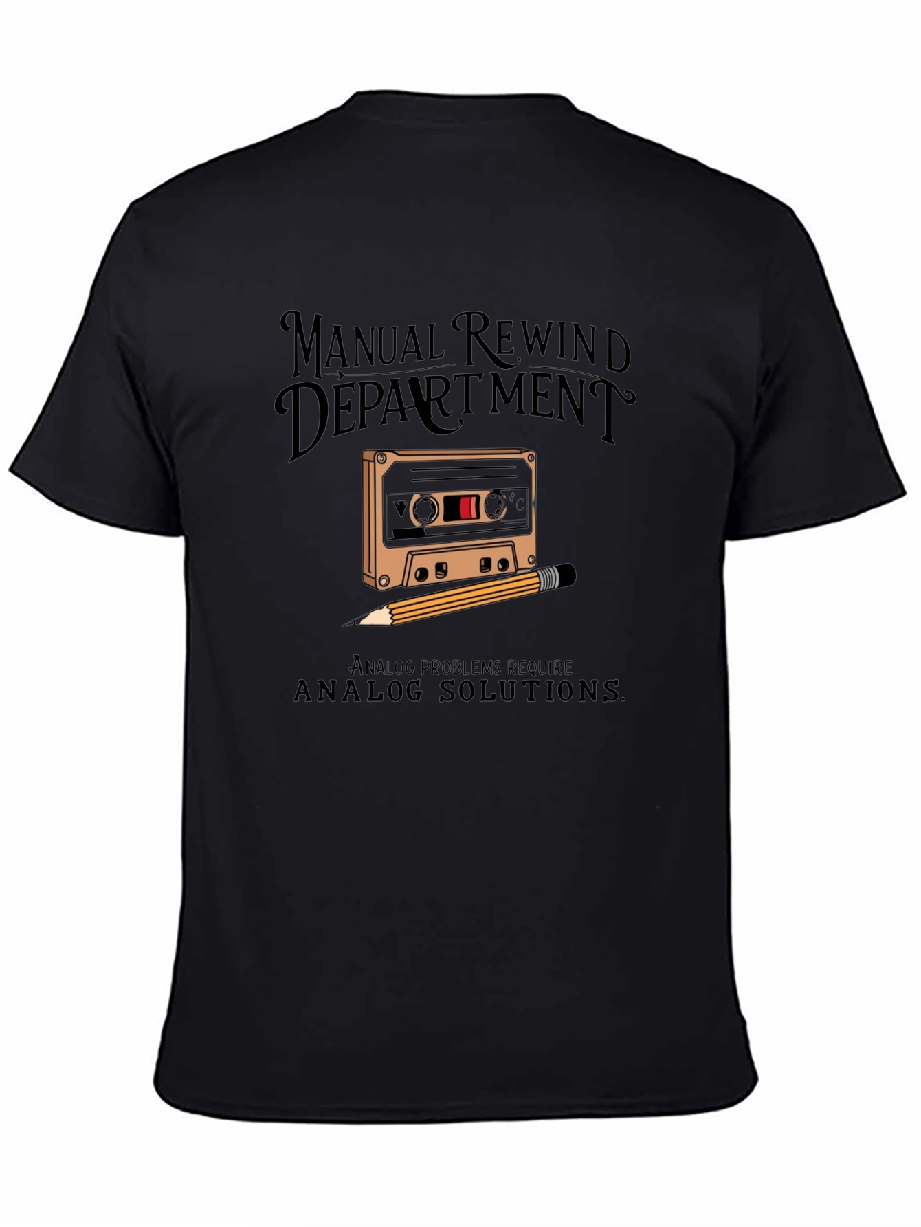 Black Manual Rewind Department Cassette Tape T-Shirt view 4