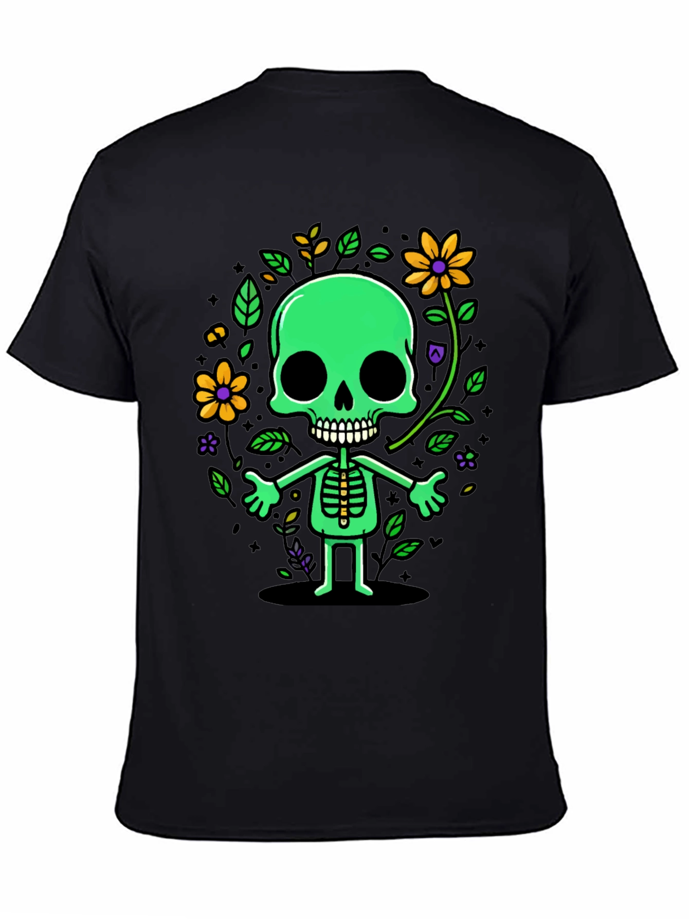 Black Green Floral Skeleton Graphic Tee view 4