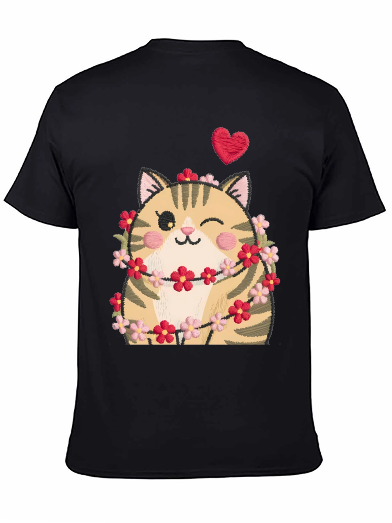 Black Cute Cat in Flowers Black T-Shirt view 4