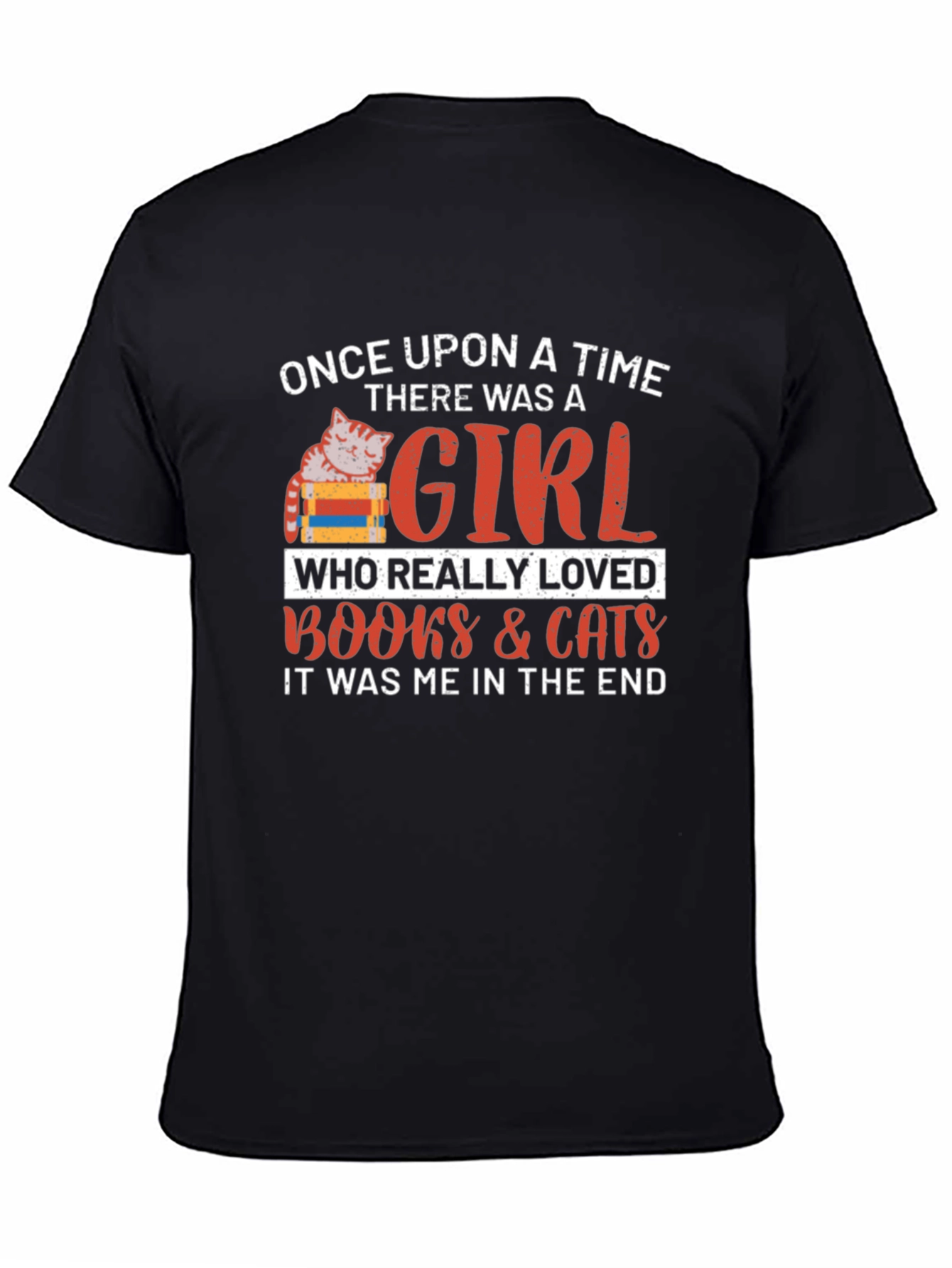Black Once Upon a Time Cat & Books Lover T-Shirt view 4