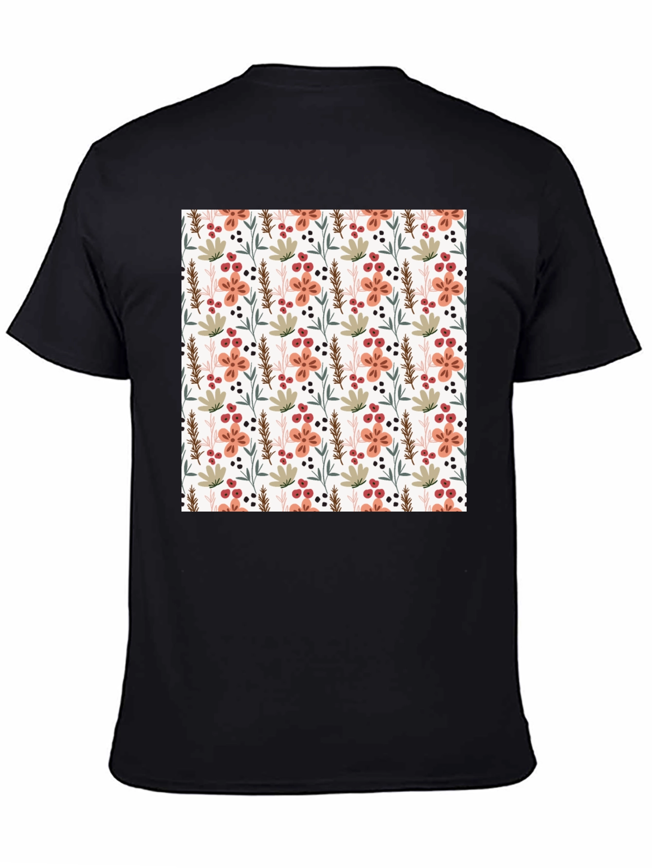 Black Floral Pattern Black Crew Neck T-Shirt view 4