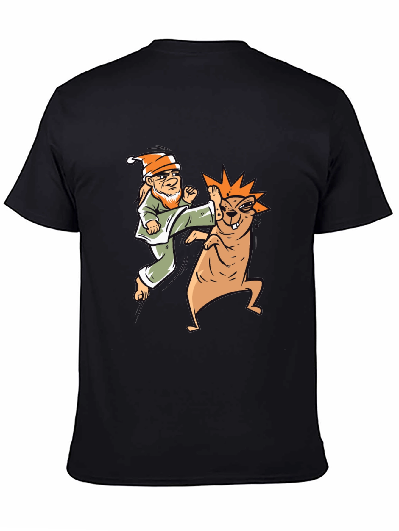 Black Funny Karate Gnome vs. Beaver Graphic T-Shirt view 4