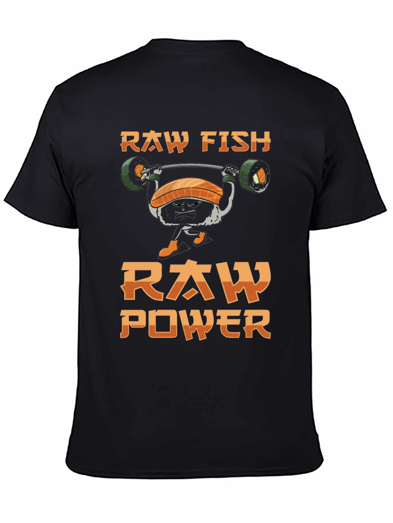 Black Raw Fish Raw Power T-Shirt - Weightlifting Sushi Tee view 4