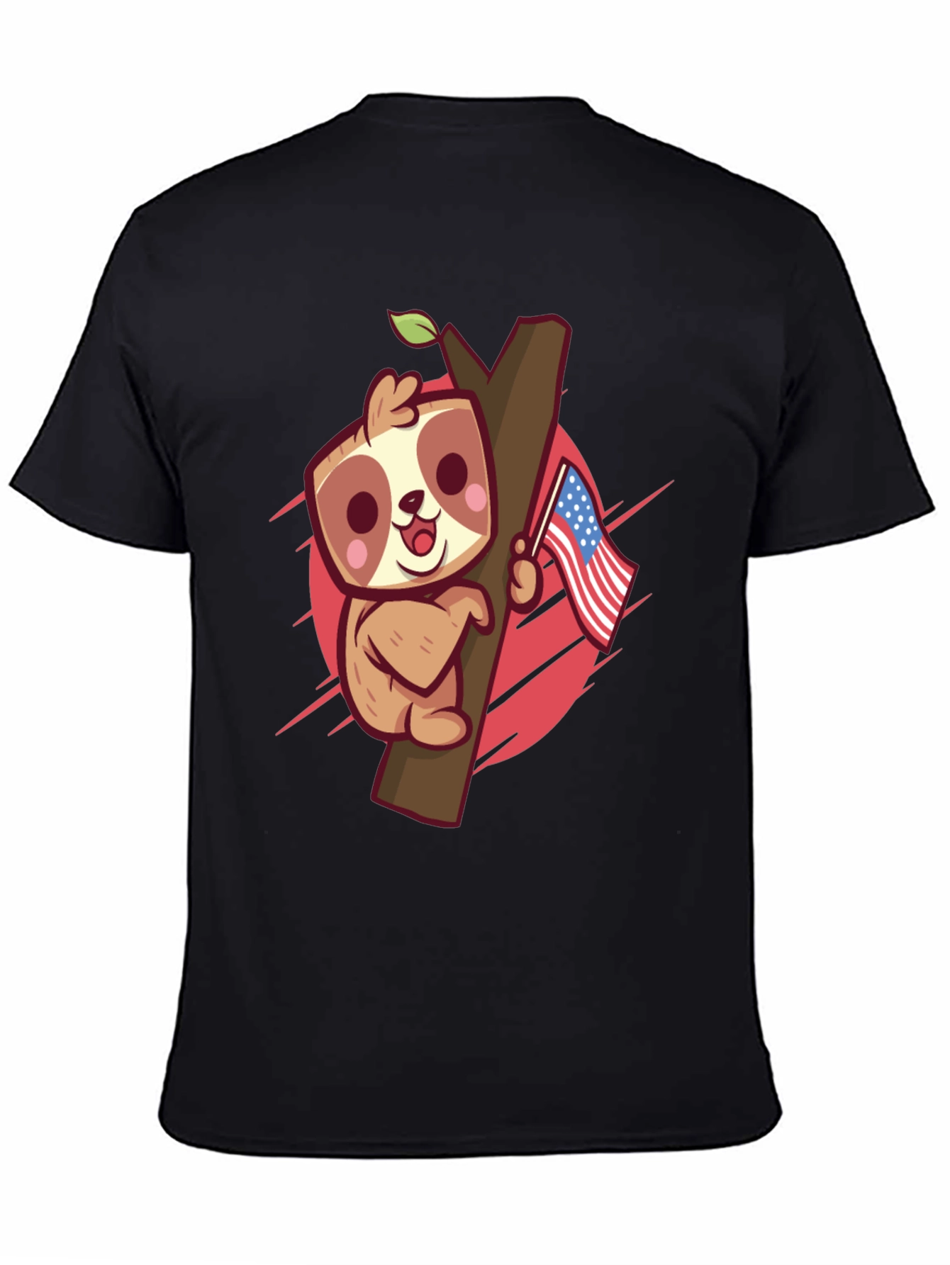 Black Cute Sloth Holding US Flag Graphic Tee view 4