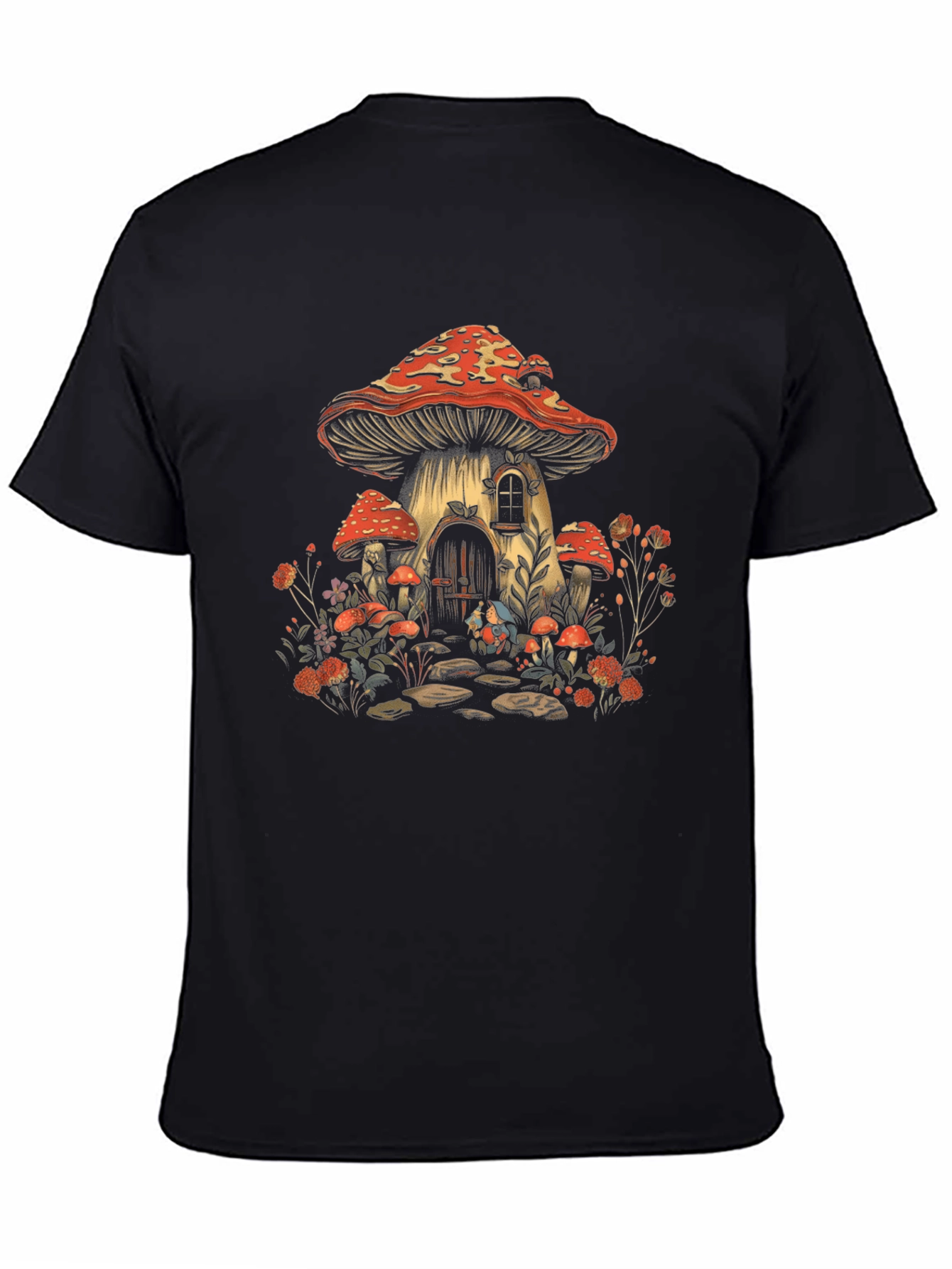 Black Whimsical Mushroom House Graphic Tee view 4
