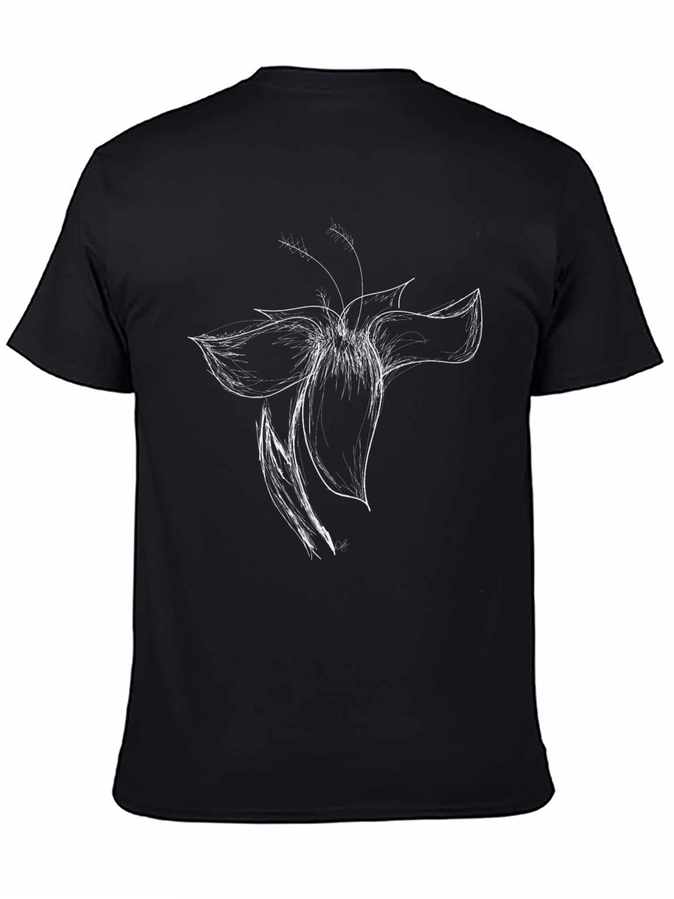 Black Black T-Shirt with White Flower Sketch view 4